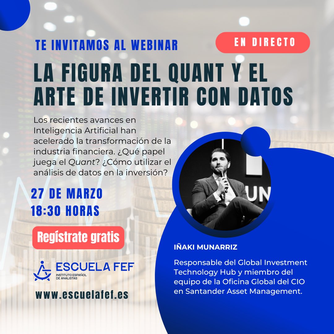 ‼️Últimas plazas: “La figura del Quant y el arte de #invertir con datos”

🎙️ Por Iñaki Munarriz, responsable del Global Investment Technology Hub

🗓️ 27 de marzo a las 18:30hrs.

✍🏼 Apúntate en: programas.escuelafef.es/webinar-formac…