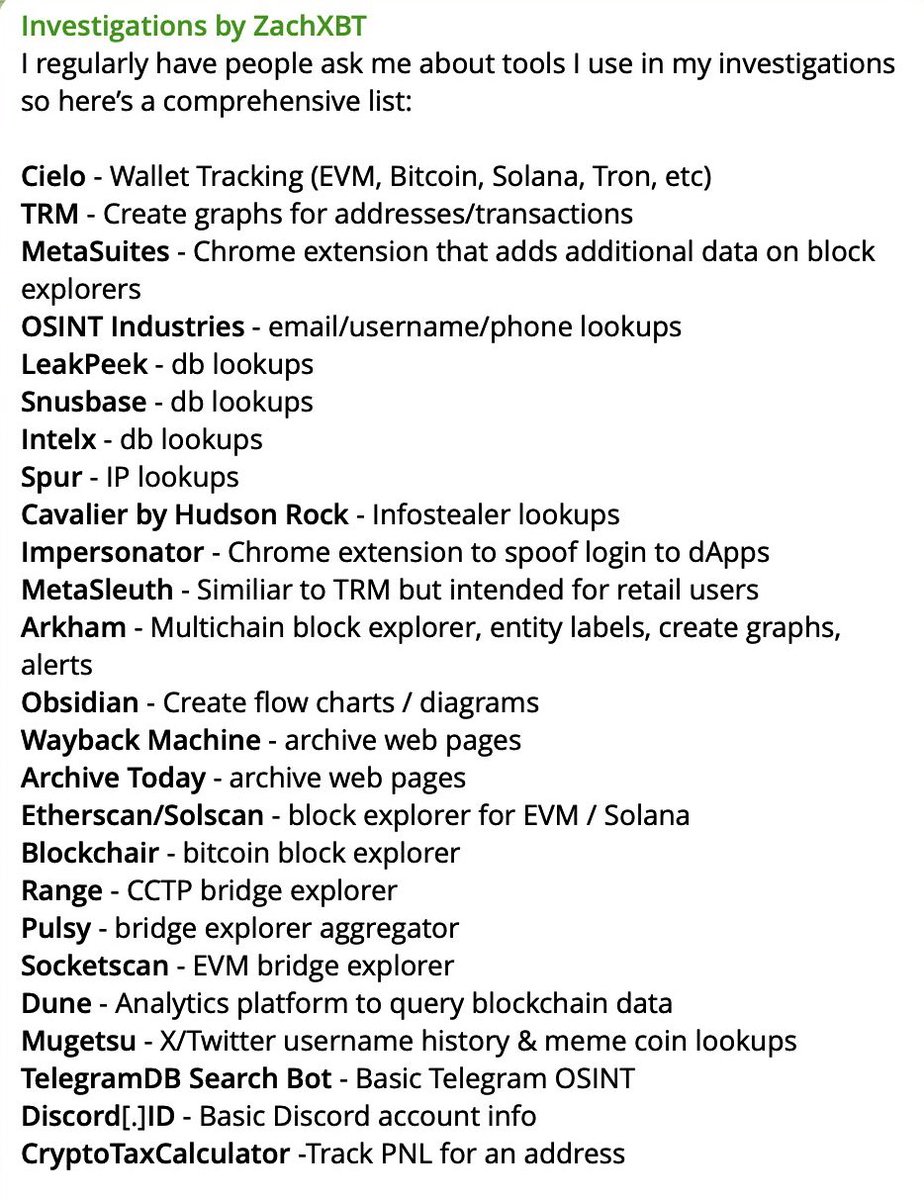 coinacademy_fr's tweet photo. 🚨 Le détective on-chain, @zachxbt, a partagé la liste des outils nécessaires à  ses enquêtes.

Vous en utilisez ? 🤔 https://t.co/x7s19e61cC