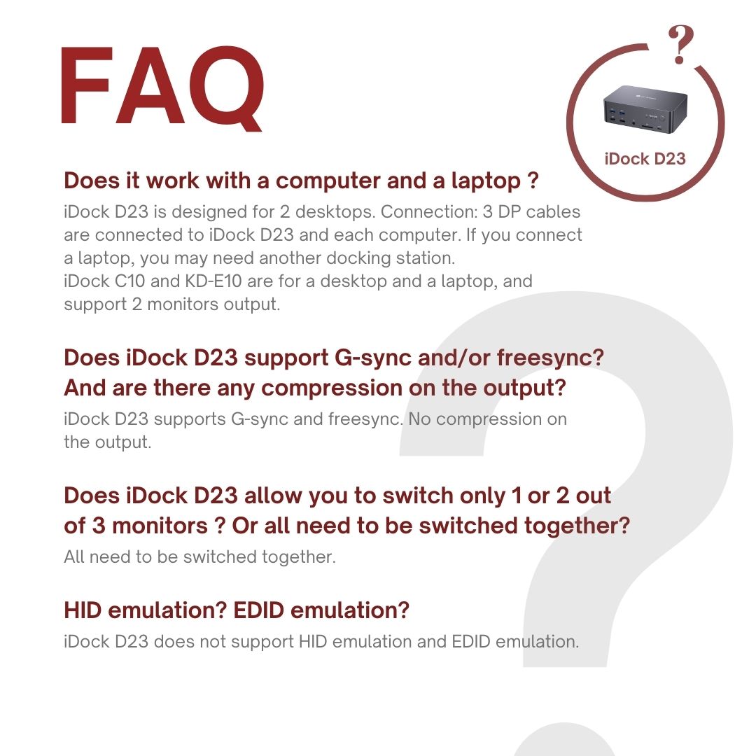 av_access's tweet image. ❓Got questions about the iDock D23? We’ve got answers! Check out these top FAQs to help you out.

#avaccess #kvmswitch #kvmdock #avaccessidock #triplemonitor #wfhsetup
