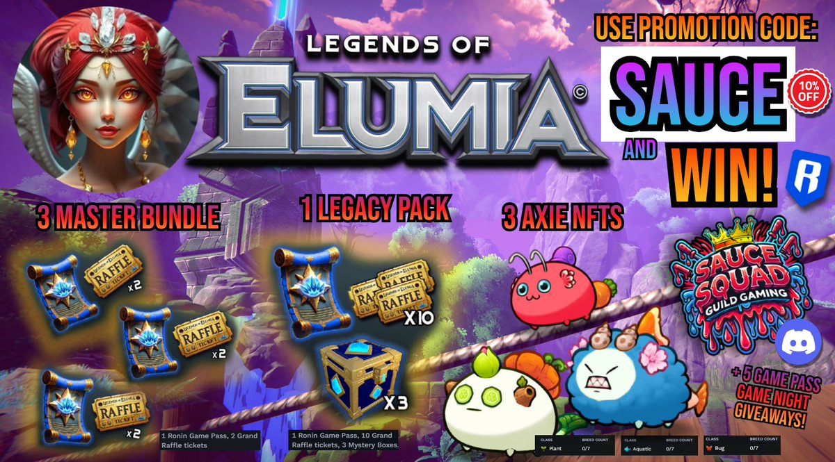 ๐ TQ ๐ฆ๐ (@tq_games) on Twitter photo ๐จ Legends of ELUMIA ๐ค TQ SAUCE ๐จ
๐ฎ clutch before the end-of-season Raffle! ๐ค
๐ฅ Legacy Box, Master Bundles, 3 Axie NFTs, $RON, Game Passes โ all up for grabs for those who use my code and join our coming game nights playing <a href="/PlayElumia/">Legends of Elumia</a> w/ the <a href="/SAUCESQUADGG/">SAUCE SQUAD</a> !
Use promo ๐จ Legends of ELUMIA ๐ค TQ SAUCE ๐จ
๐ฎ clutch before the end-of-season Raffle! ๐ค
๐ฅ Legacy Box, Master Bundles, 3 Axie NFTs, $RON, Game Passes โ all up for grabs for those who use my code and join our coming game nights playing <a href="/PlayElumia/">Legends of Elumia</a> w/ the <a href="/SAUCESQUADGG/">SAUCE SQUAD</a> !
Use promo