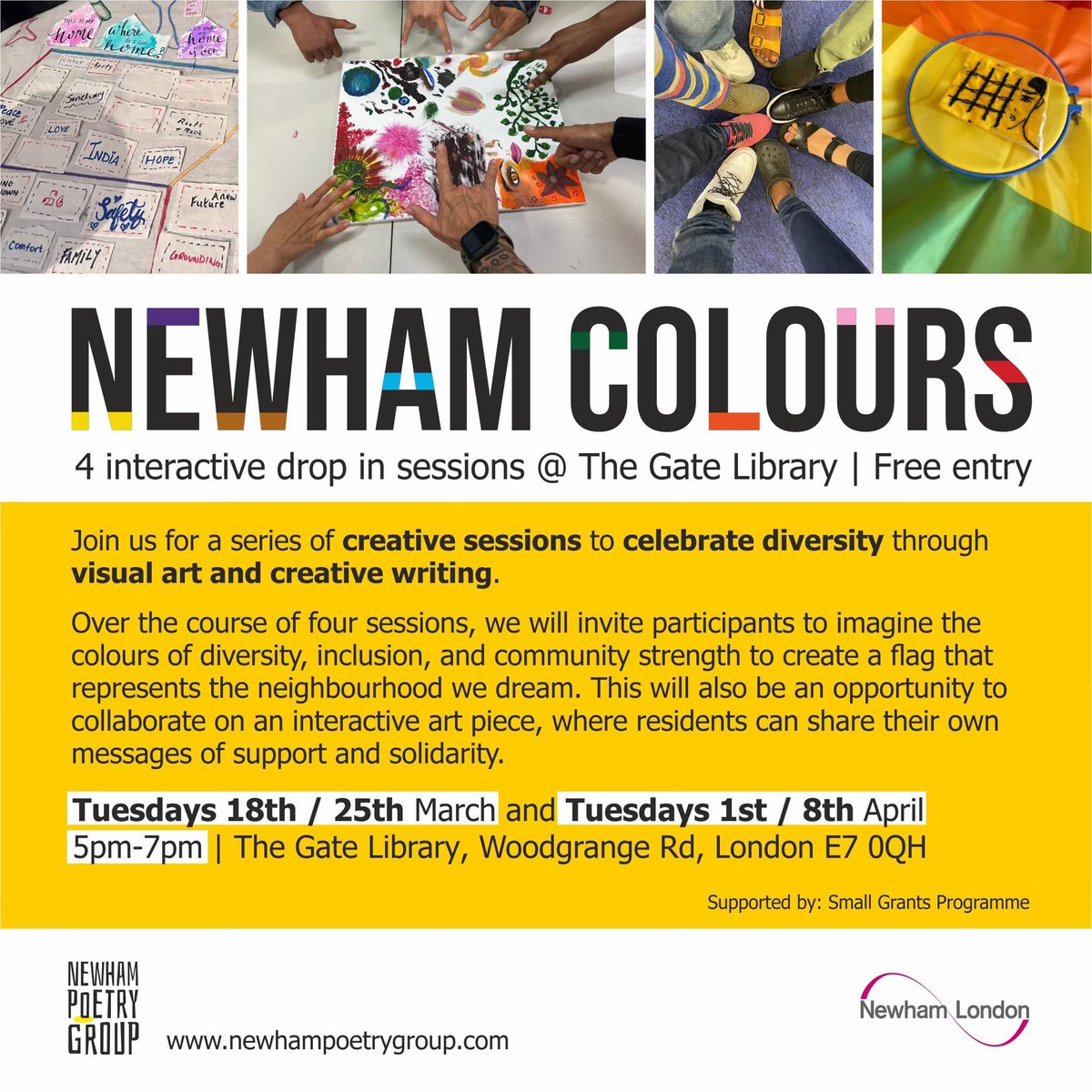 Hello poets! Please join Newham Colours 😃  today 😃 😃
Newham Colours👊🏽 🏳️‍🌈 
Creative session to colour our borough map (session includes writing, drawing, stitching)
Where: Forest Gate library
When: Tuesday 18th, 25th March and Tuesday 1st 8th April
Time: 5-7pm