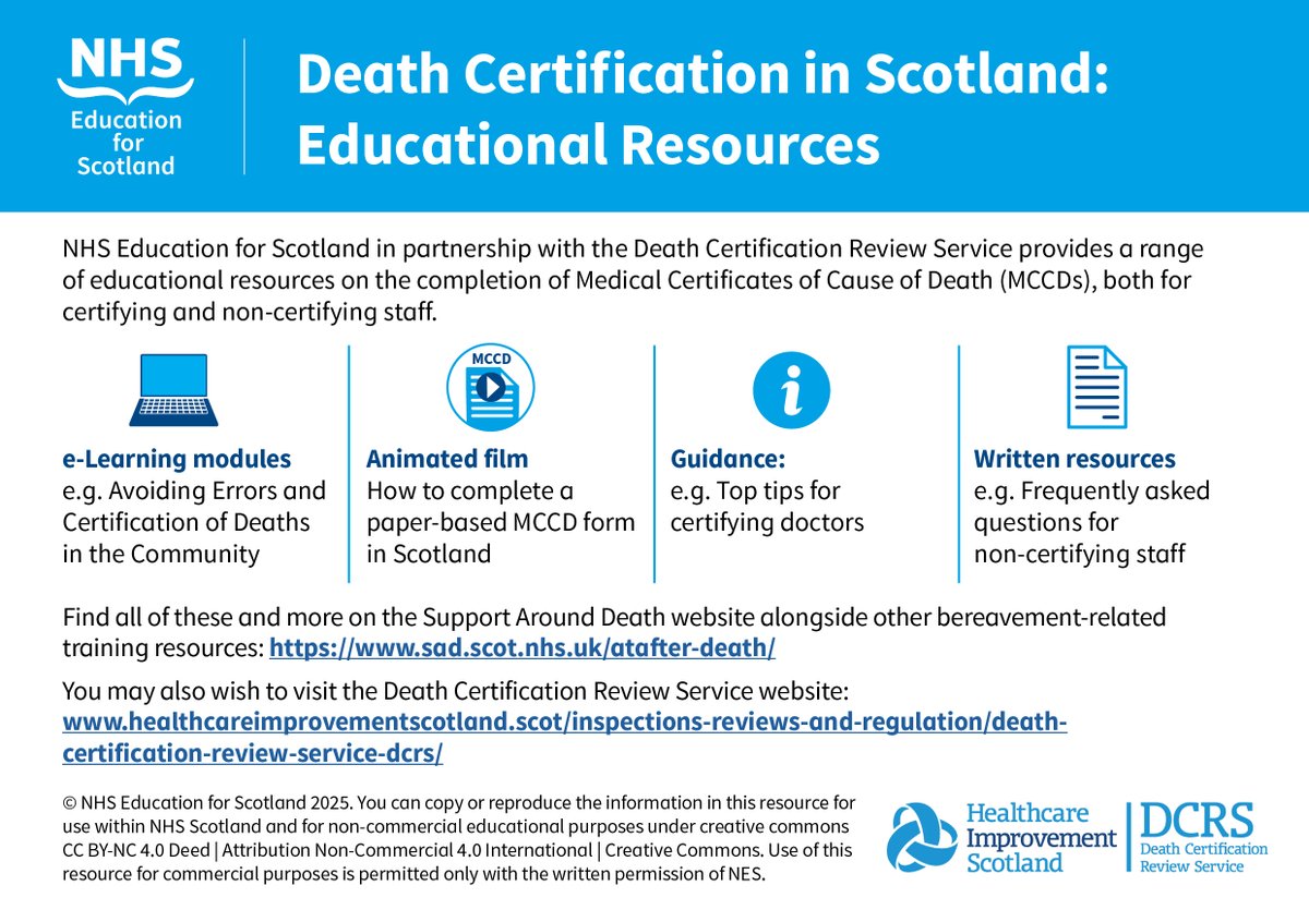 NES_Bereavement's tweet image. Death Certification in Scotland: a reminder of @NHS_Education / @online_his learning resources for Drs completing MCCDs. Inc a new scenario-based module on Certification of Deaths in the Community shorturl.at/IYomB
Keep up to date via our Newsletter: shorturl.at/CPEy1