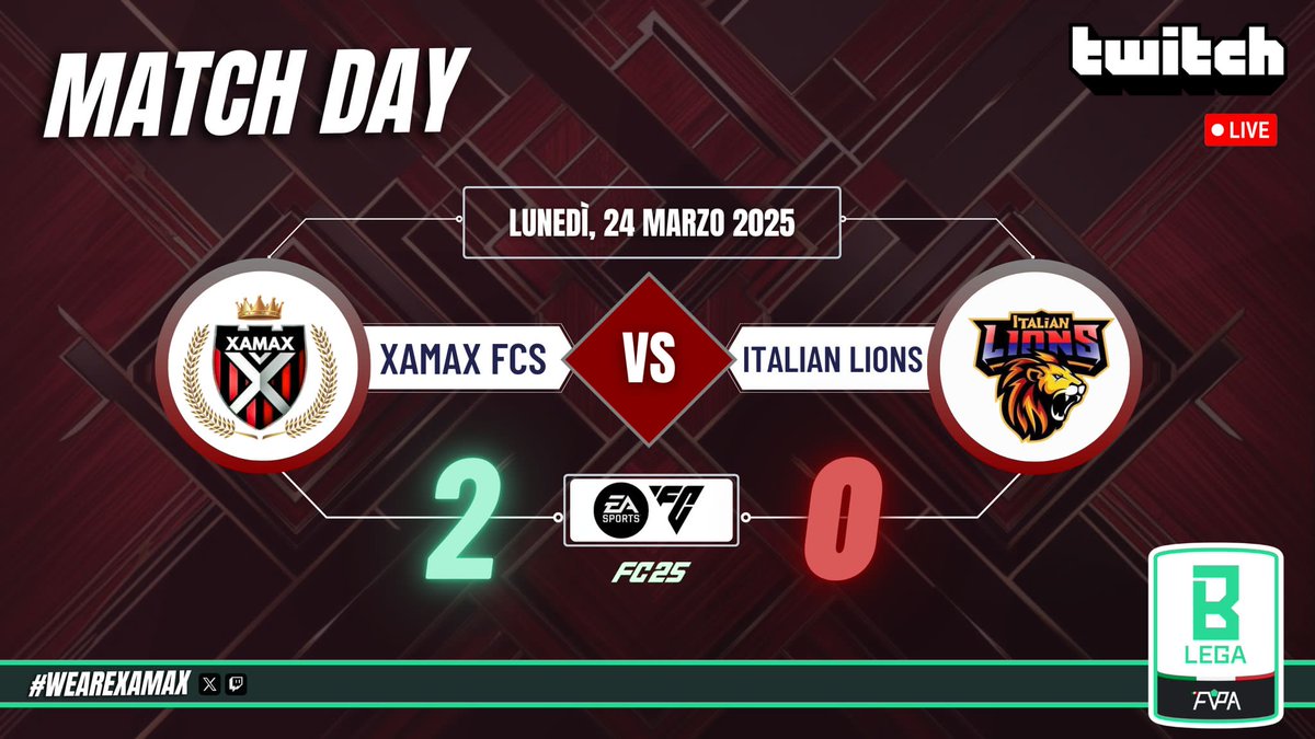 ⚜️ JOUR DE MATCH! ⚜️
🏟 #XAMAXARENA

🏆 | <a href="/FVPA_net/">FVPA.net 🇮🇹</a>
🆚 | <a href="/ItalianLions/">Italian Lions</a>
✅️ | 2 - 0
📱 #WeAreXaMaX ♠️❤️

⚽ 👟 <a href="/KingxFenomeno/">KingxFenomeno¹⁰</a>
⚽ <a href="/KsPeppe/">Giuseppe D‘ambrosio</a>
👟 <a href="/not_jakk/">not_jack84</a> 

<a href="/vGamesRT/">vGamesRT 🔄</a> <a href="/RT_ProClubs/">RT CLUBS</a> <a href="/RTAllProClub/">RETWEET ALL PROCLUB</a> <a href="/pctransfermarkt/">🇮🇹 PRO CLUBS TRANSFERMARKT🔍</a> <a href="/Mercato_FVPA/">Calciomercato Fvpa</a>