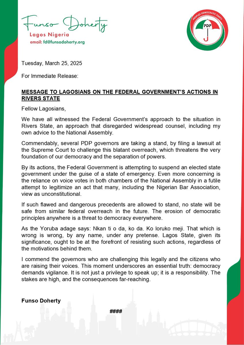 Here is my message to Lagosians on the Federal Government’s declaration and related actions in Rivers State which have implications for all states in the Federation including ours.