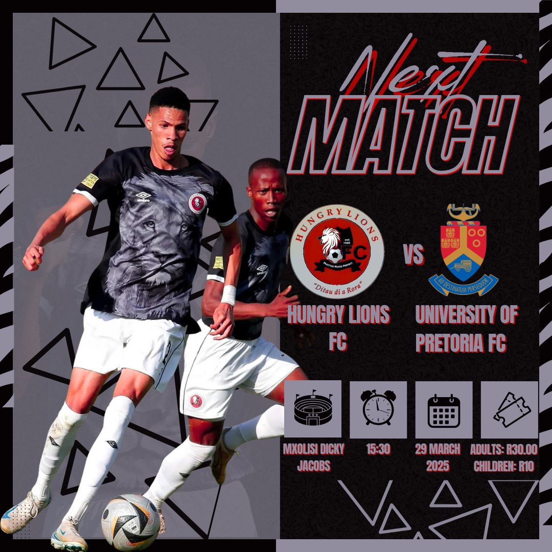 hungry_lions_FC's tweet photo. ℕ𝔼𝕏𝕋 🦁 𝕄𝔸𝕋ℂℍ

🆚 University of Pretoria FC
🗒 29 March 2025, Saturday
⏰ 15H30 pm
🏟️ Mxolisi Dicky Jacobs Stadium, Upington 
🏆 motsepefoundationchampionship
🎟 Adults - R30.00
     Scholars - R10.00

🚨‼️TICKETS WILL BE SOLD NEXT TO GORDON'S PARK‼️🚨

@topfans https://t.co/E3HBJQwyxx