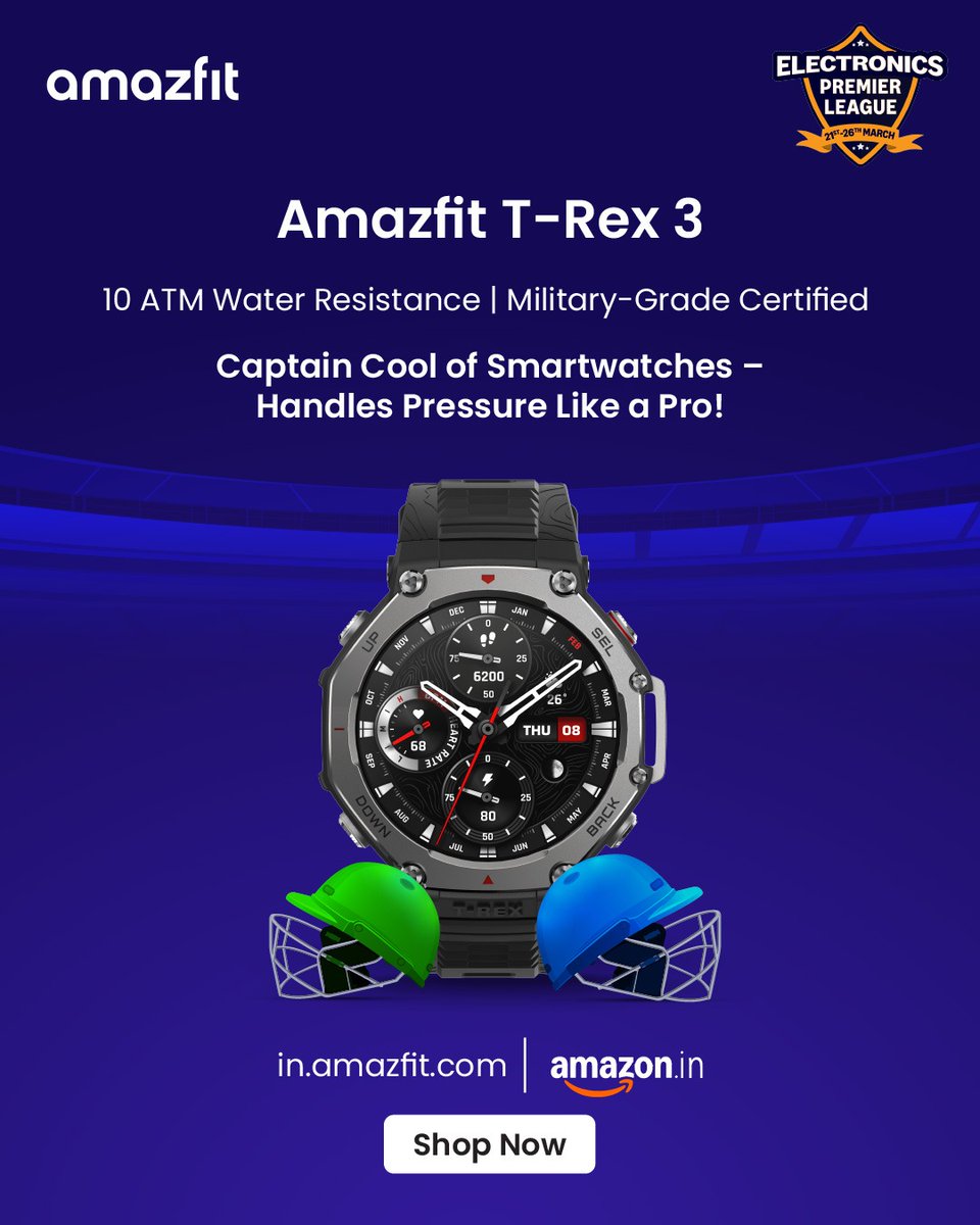 AmazfitIN's tweet image. Captain Cool of smartwatches is here! ❄️⚡ The Amazfit T-Rex 3 takes on any challenge with 10 ATM water resistance &amp;amp; military-grade toughness. 

Shop now on Amazon.in &amp;amp; in.amazfit.com! 🚀

#Amazfit #Smartwatch #BeUnstoppable