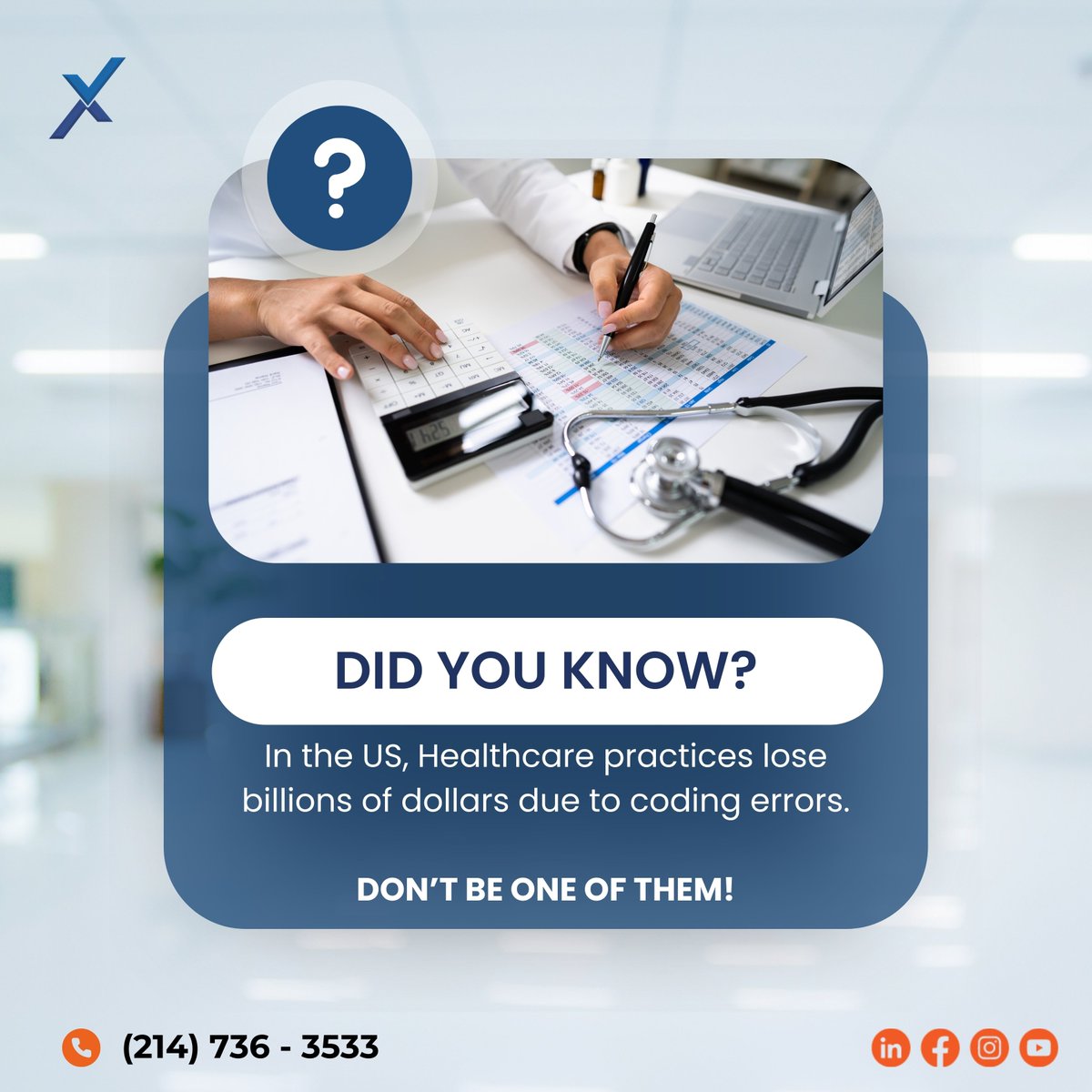 MaxRemind's tweet image. 💰Coding errors are costing healthcare practices billions! Don’t let your practice be part of the statistics.
Contact us today for expert guidance!
maxremind.com/start-free-tri…
#MedicalBilling #CodingErrors #RevenueCycleManagement #HealthcareFinance #MaxRemind