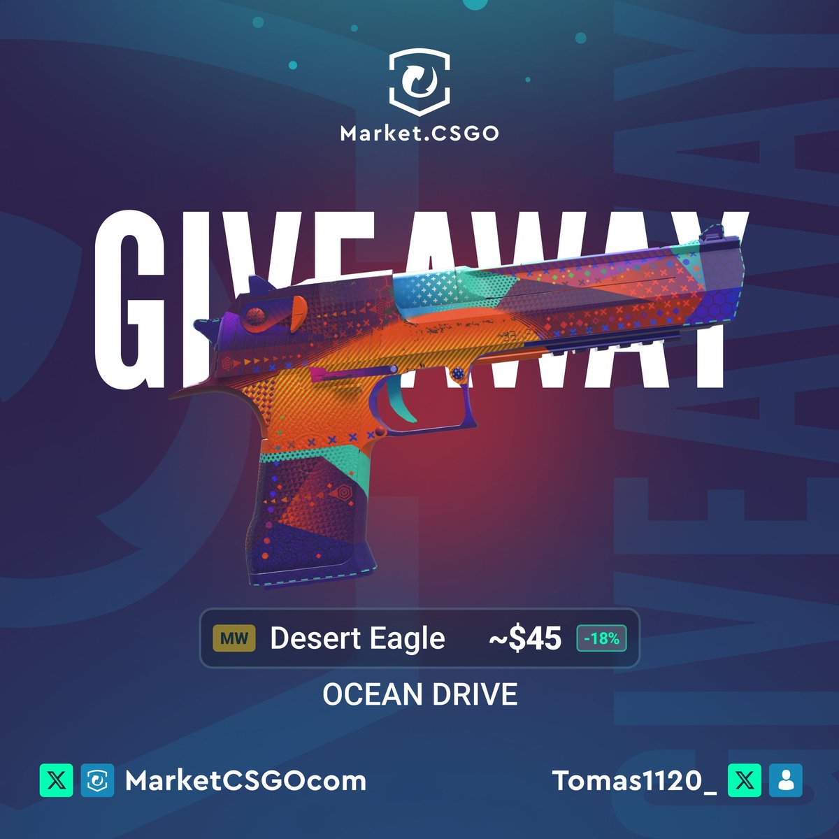 Tomas1120 (@tomas1120_) on Twitter photo 🎁 Desert Eagle | Ocean Drive MW ($45)
➡️ TO ENTER:
✅ Follow me & <a href="/MarketCSGOcom/">Market.CSGO</a>
✅ Retweet, Like, Tag 2 friends
⏰ Giveaway ends in 7 days! 🎁 Desert Eagle | Ocean Drive MW ($45)
➡️ TO ENTER:
✅ Follow me & <a href="/MarketCSGOcom/">Market.CSGO</a>
✅ Retweet, Like, Tag 2 friends
⏰ Giveaway ends in 7 days!