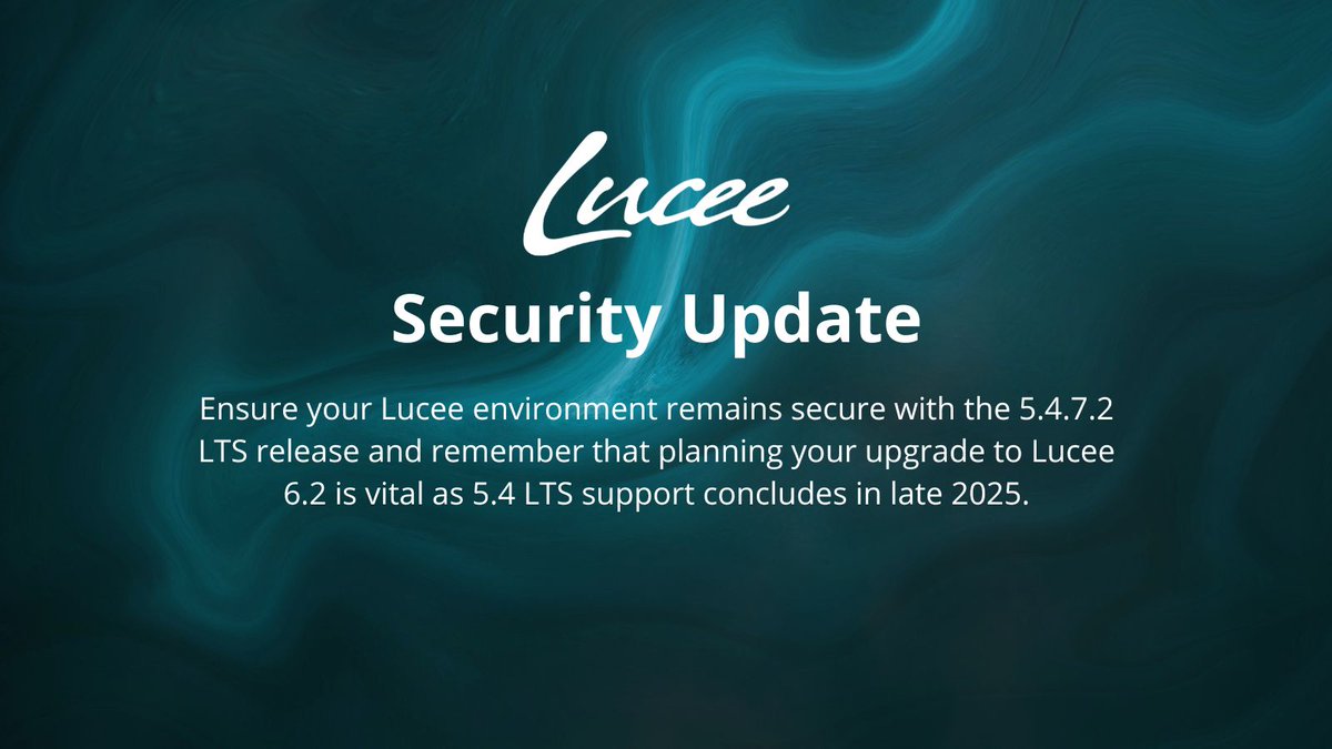 lucee_server's tweet image. 🚨Security &amp;amp; Compatibility Updates

Lucee 5.4.7.2 LTS is out with key security and compatibility updates. Remember, 5.4 LTS support ends Dec 31, 2025. Start your Lucee 6.2 upgrade planning now. More info: dev.lucee.org/t/lucee-5-4-7-…

#Lucee #CFML #Security #Update