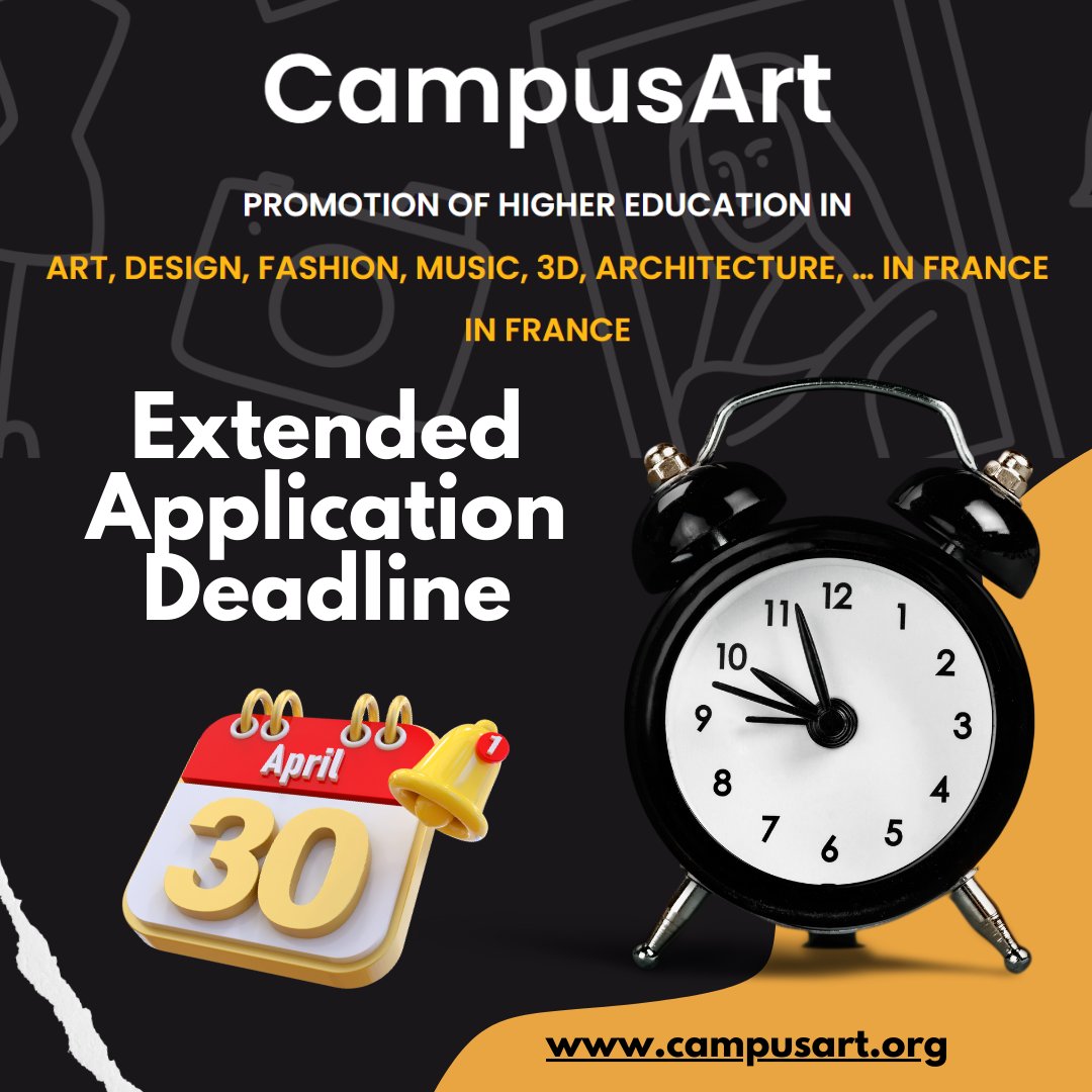 Applications to CampusArt network are open until April 30, 2025.🥳 

Gain access to visual arts, cinema, design, fashion, music, architecture etc. programs for preparatory class levels, Bachelor’s, Master’s, Post-Master's &amp; PhD.

Visit campusart.org to apply.