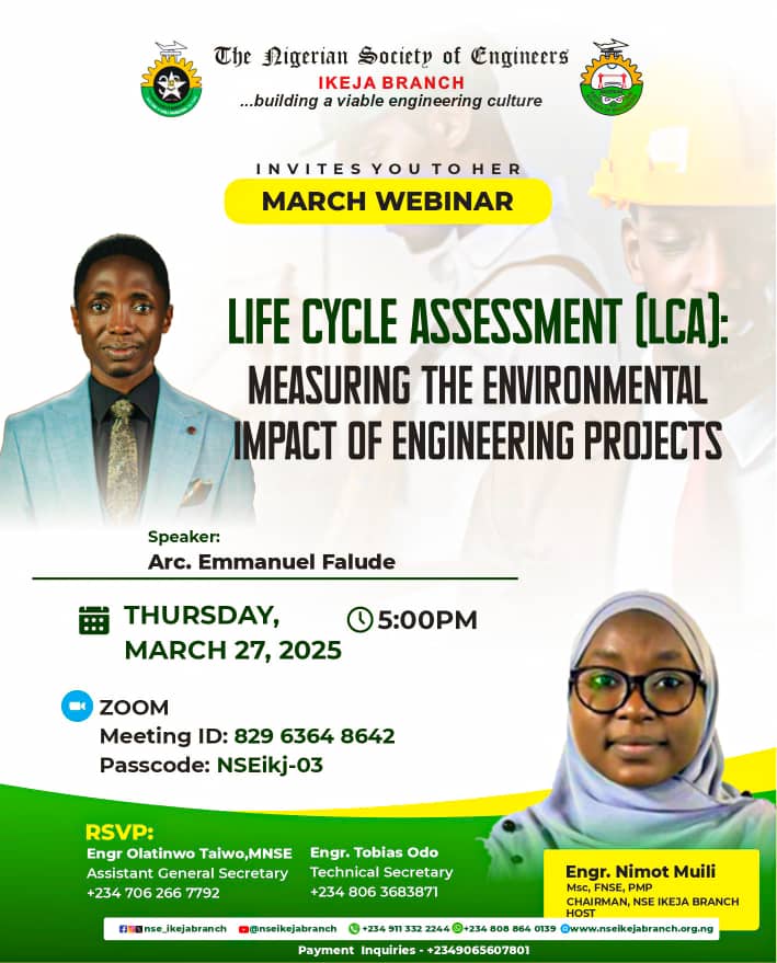We’re excited to share that our CEO, <a href="/ArchFalude/">ARCHILLUMI, LEED CERTIFIED</a>, will be speaking at the upcoming NSE Ikeja Branch Webinar on a topic:

#LifeCycleAssessment (LCA): Measuring the Environmental Impact of Engineering Projects

March 27, 2025
 5 PM
📍 Online (Zoom): us06web.zoom.us/j/82963648642?…

Messi