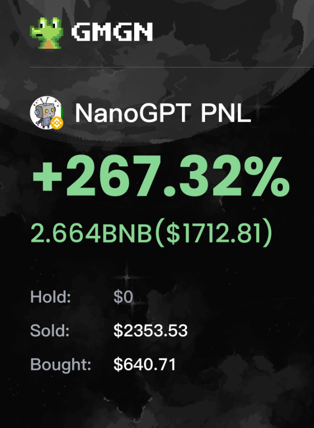 Axie8866's tweet image. Valid Commemorative Coin Trade!

He successfully sniped #NanoGPT moving 1 $BNB → 3.66 $BNB 💰 using GMGN!

Contract Address: 0x6914d3be55767979961eeedb7bd08c8e0c404d72

🔍 Track Wallet: gmgn.ai/bsc/address/6K…

Sniper Trading: t.me/GMGN_bsc_bot?s…
