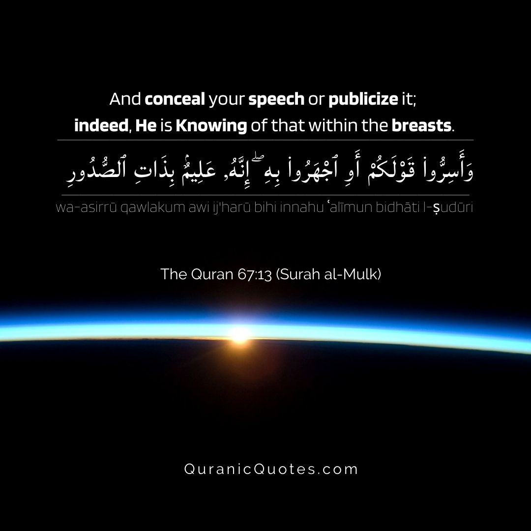 MuslimMemo's tweet photo. Surah Al-Mulk – Ayah 13
"And whether you keep your words secret or declare them—indeed, He is Knowing of that within the breasts." (Surah Al-Mulk 67:13) https://t.co/4CCxGJgMlv