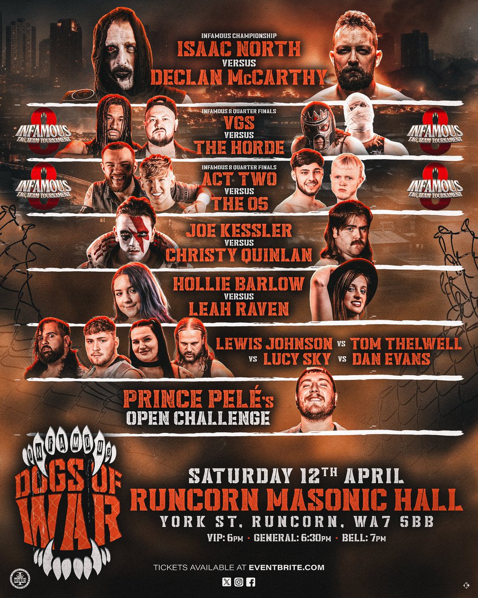INFAMOUS presents DOGS OF WAR!

The card is set! Which matches are you looking forward to?

Tickets available now!!