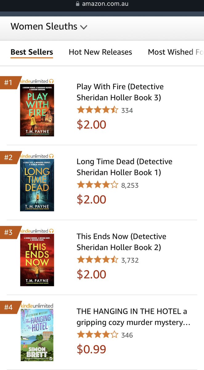 Woke up to find that all 3 DI Sheridan Holler books are at the top of the Women Sleuths chart in Australia 🇦🇺 
I literally can’t believe it.
We’re also rocking the Crime Fiction charts in the UK and USA. What?!??!
THANK YOU TO EVERYONE!!
Holy shi* 😳😳😳😳😳
#bestseller