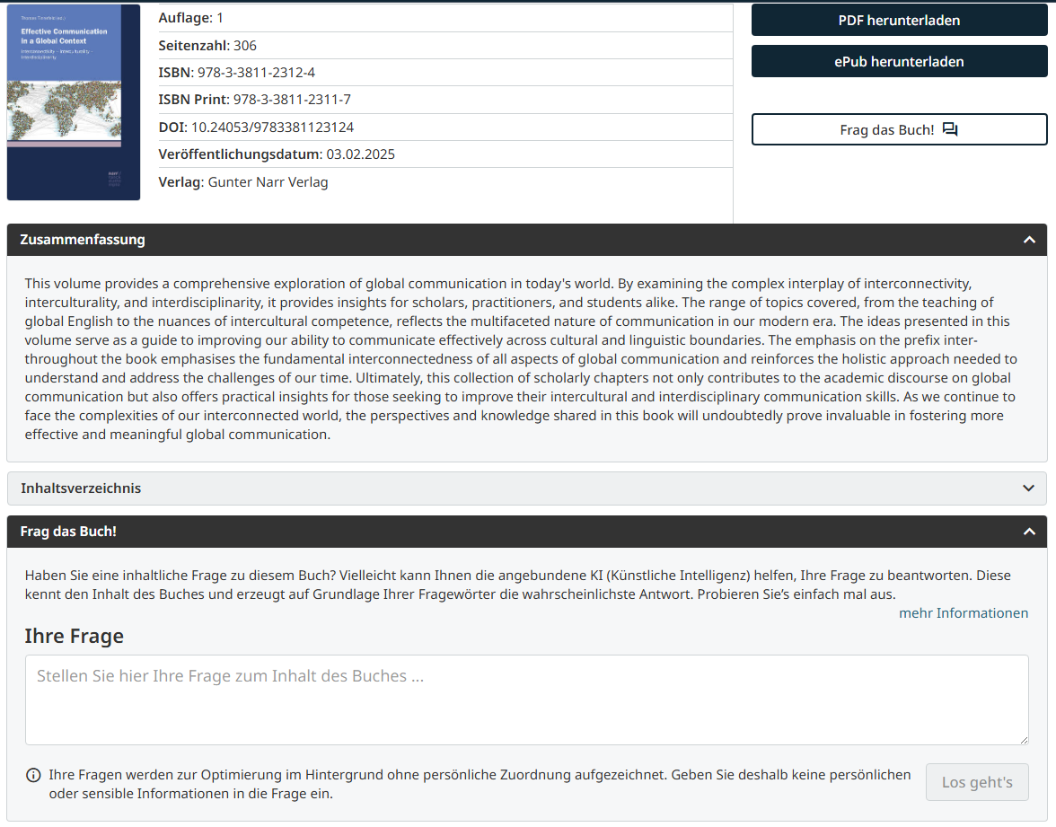 v_i_o_l_a's tweet image. aus der reihe "KI im buch-kontext" heute: der verlag narr bietet eine funktion namens "Frag das Buch!" › beispiel: doi.org/10.24053/97833…
#KI #Bücher #Inhaltsinformationen #Buchhandel