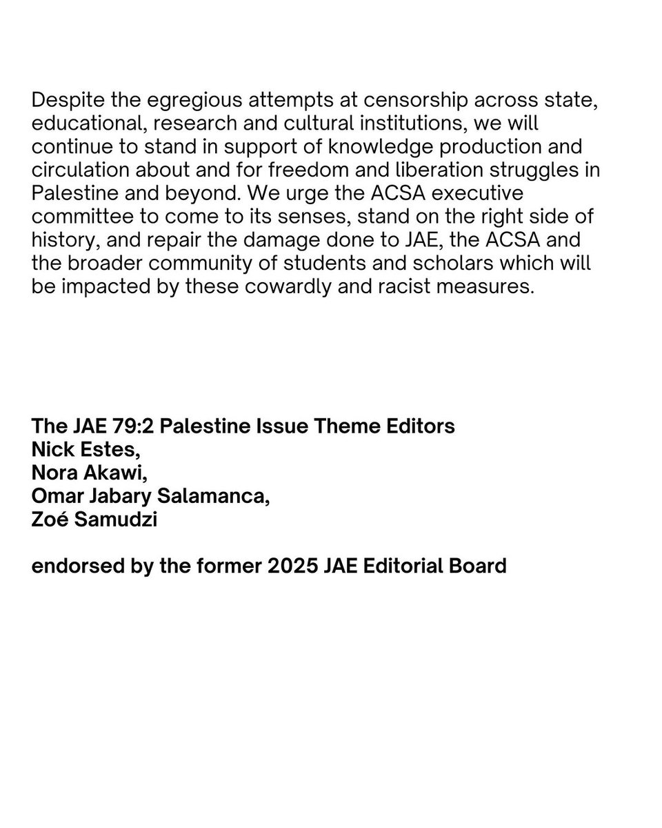 oمar (@jabarysalamanca) on Twitter photo We, <a href="/nickwestes/">Nick Estes</a>, <a href="/ztsamudzi/">Zoé</a>, Nora Akawi and myself, wrote a letter to the ACSA re. the Cancellation of 79:2 Journal of Architectural Education Issue on Palestine
Full letter <a href="/TheFunambulist_/">The Funambulist</a>
shorturl.at/nM4Wr
Endorse letter
shorturl.at/k6Zw4 We, <a href="/nickwestes/">Nick Estes</a>, <a href="/ztsamudzi/">Zoé</a>, Nora Akawi and myself, wrote a letter to the ACSA re. the Cancellation of 79:2 Journal of Architectural Education Issue on Palestine
Full letter <a href="/TheFunambulist_/">The Funambulist</a>
shorturl.at/nM4Wr
Endorse letter
shorturl.at/k6Zw4