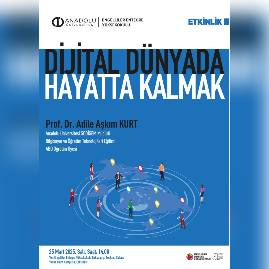 SODİGEM Müdürümüz Prof. Dr. Adile Aşkım Kurt'un konuşmacı olarak yer alacağı Dijiital Dünyada Hayatta Kalmak etkinliği bugün saat 14.00'te Engelliler Entegre Yüksekokulu Çok Amaçlı Toplantı Salonunda gerçekleşecektir.
#SODİGEM #DijitalDünyadaHayattaKalmak
