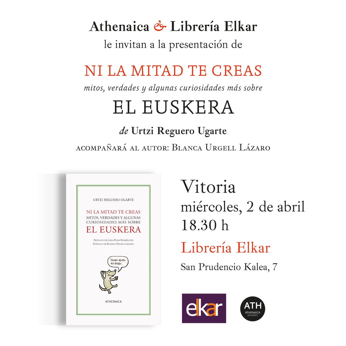 🚨Hurrengo astean, hilak 2, Ni la mitad te creas liburua aurkeztuko dugu <a href="/b_urgell/">Blanca Urgell</a>-ek eta biok 

🗓️Apirilaren 2a
⌚️ 18:30
📍 Gasteizko Elkar liburudenda, San Prudentzio kalean (<a href="/elkar/">elkar Taldea</a>) 

Bertan ikusiko dugu elkar.
<a href="/Athenaica/">Athenaica</a>