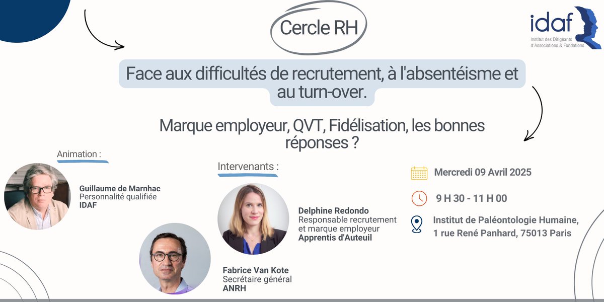 ⏳ Dernière ligne droite pour vous inscrire !

Absentéisme, turn-over, attractivité des postes... Comment renforcer sa marque employeur et améliorer la qualité de vie au travail pour répondre à ces défis ?

🎯 Pour en savoir plus ! → urlr.me/QBxns9
#IDAF #Asso #ESS #RH