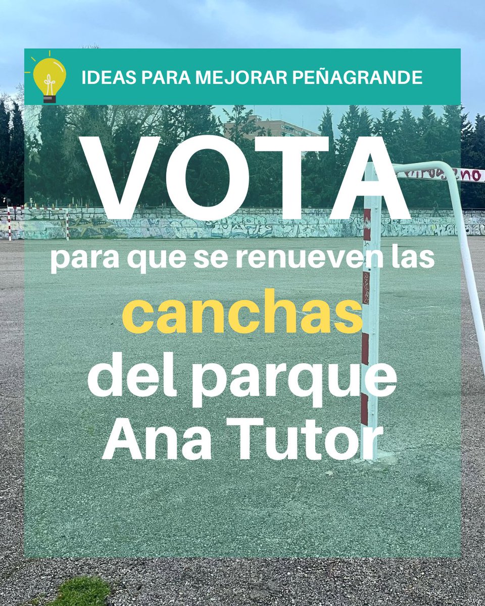 ¡Necesitamos tu voto para contar con unas nuevas pistas deportivas en el barrio!

Entra en avipenagrande.es/vota y te explicamos cómo conseguir la reforma de las canchas del parque de Ana Tutor.

#Peñagrande