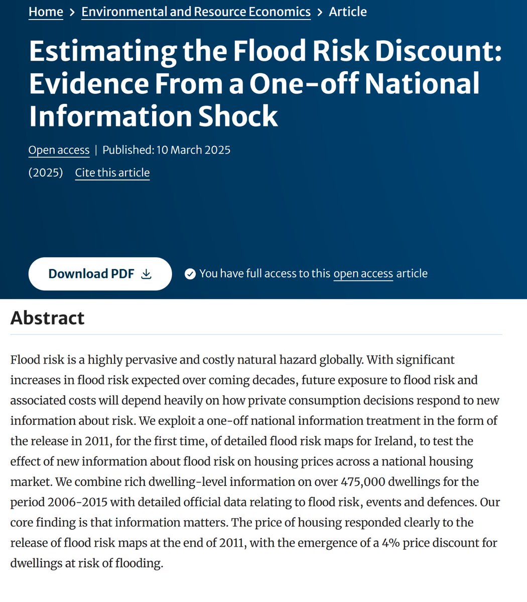 💡New Research 💡

Professor <a href="/ronanlyons/">Ronan Lyons</a> publishes new paper in Environmental &amp; Resource Economics (<a href="/SpringerNature/">Springer Nature</a> ) about the effects of flood risks on a housing market. 🌊

Read the article 👉 tinyurl.com/3exfh55c

<a href="/TRiSSTCD/">Trinity Research in Social Sciences</a> <a href="/ceph_ie/">Centre for Economics, Policy and History (CEPH)</a>