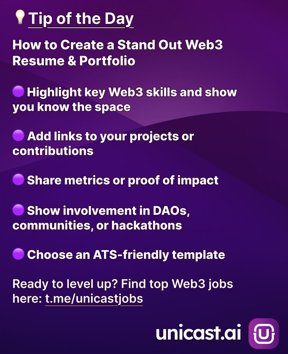 Want to land your next Web3 job? 🤩

Here are 5 quick ways to make your resume and portfolio stand out!
Opportunities are waiting for you: t.me/unicastjobs 🚀