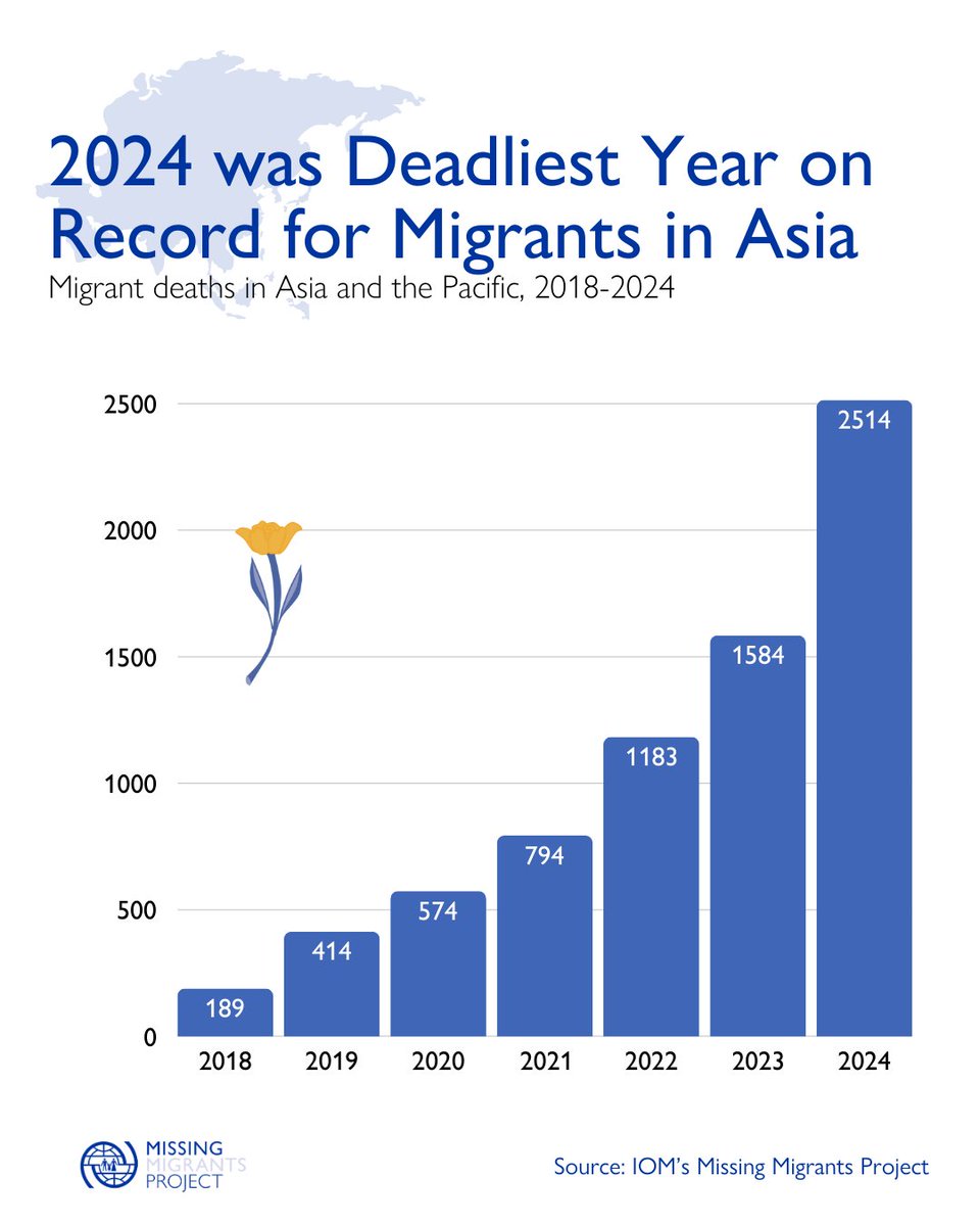🚨 Deadliest year for migrants in Asia 🚨

At least 2,514 people died on migration routes in 2024—a 59% increase from 2023.
These are preventable tragedies. Safe migration pathways are needed now.

🔗 roasiapacific.iom.int/news/2024-was-…