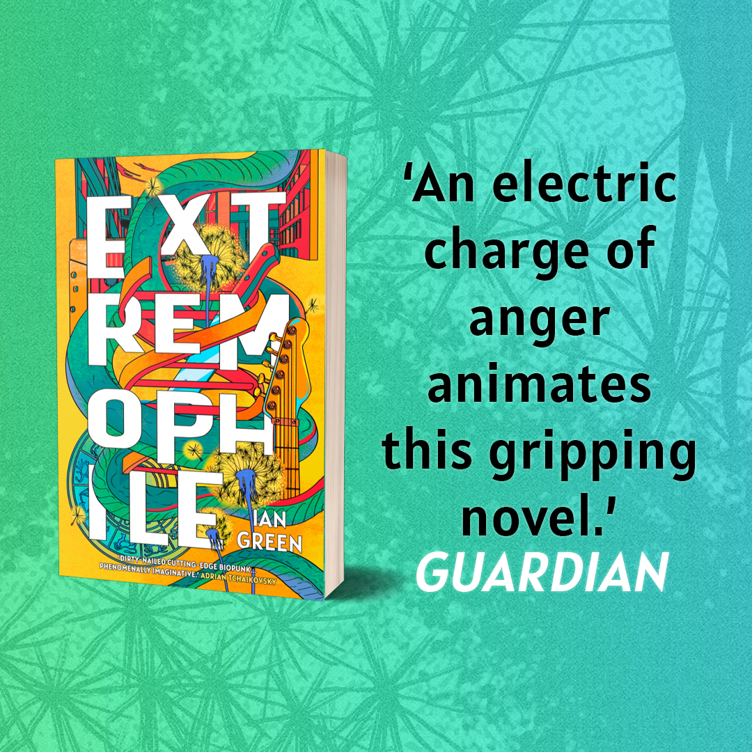 In the hothouse of climate-collapse London, punk biohackers are hired by eco-terrorists to rob, murder, and save the world- and hopefully they can play some tight shows on the way…

#Extremophile by <a href="/IanTheGreen/">Ian Green</a> is out now in paperback this March 👉 bit.ly/4ifwGkq