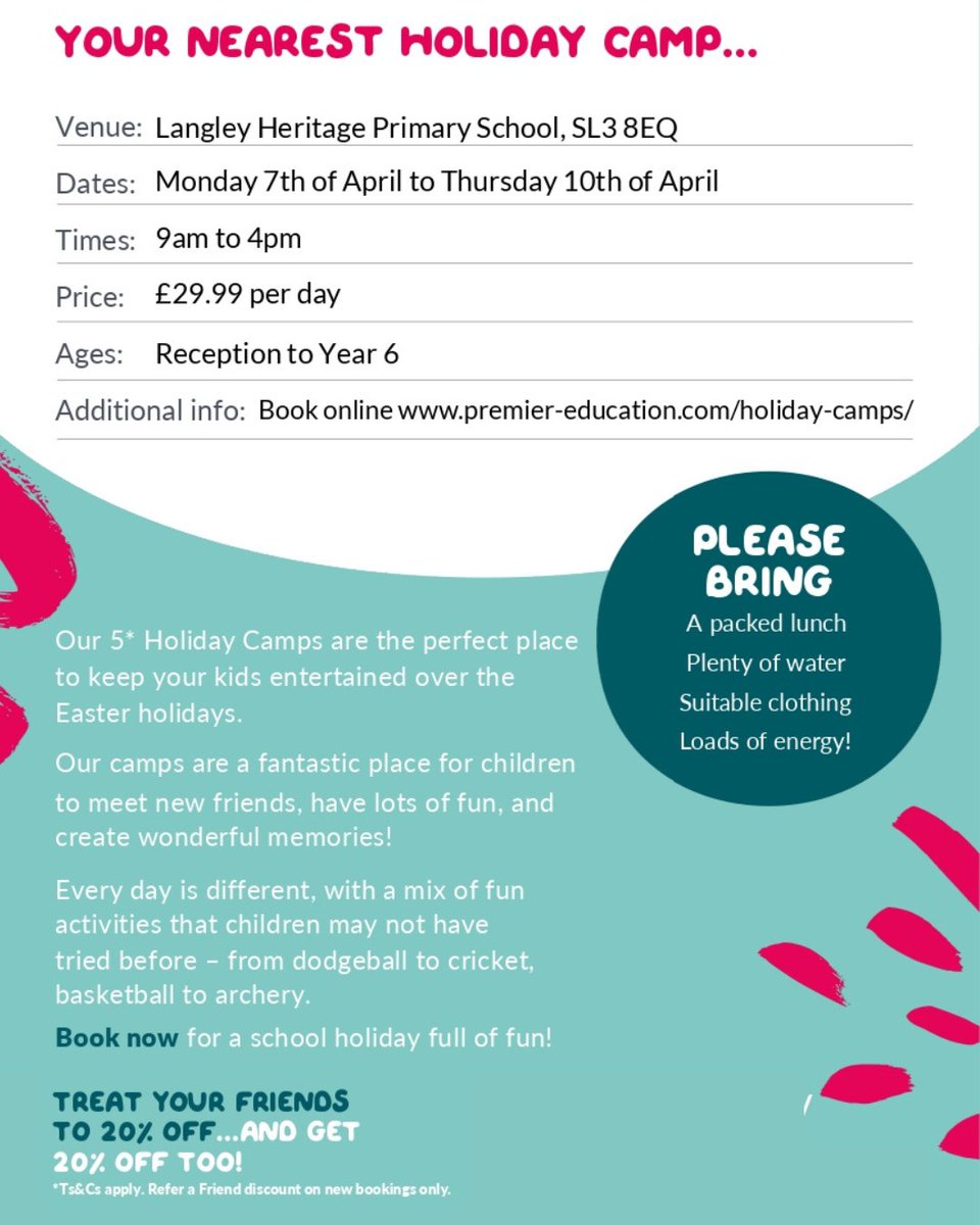 Looking for fun activities this Easter?  The Premier Holiday Camp is running at <a href="/LangleyHeritage/">TheLangleyHeritagePrimary</a> from 7th-10th April for Reception to Year 6! 🎉 Just £29.99 per day—book now at: 
premier-education.com/holiday-camps! 

Free places for eligible families with a free nutritious meal every day.