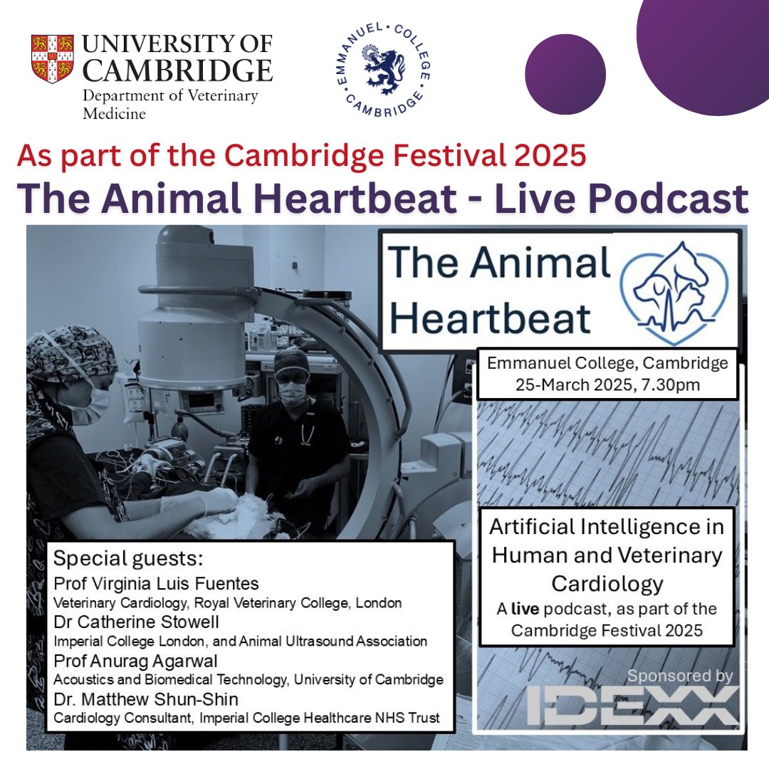 Cambridge Vet School (@camvetschool) on Twitter photo 📢 Interested in AI in Medicine?
Join us TONIGHT for a free LIVE podcast: ‘AI in Human and Veterinary Cardiology’ for <a href="/Cambridge_Fest/">Cambridge Festival</a>
📅 25 March – 7.30pm
📍 Queen’s Lecture Theatre, Emmanuel College, Cambridge, CB2 3AP
👉🏽 eventbrite.co.uk/e/live-podcast… 📢 Interested in AI in Medicine?
Join us TONIGHT for a free LIVE podcast: ‘AI in Human and Veterinary Cardiology’ for <a href="/Cambridge_Fest/">Cambridge Festival</a>
📅 25 March – 7.30pm
📍 Queen’s Lecture Theatre, Emmanuel College, Cambridge, CB2 3AP
👉🏽 eventbrite.co.uk/e/live-podcast…