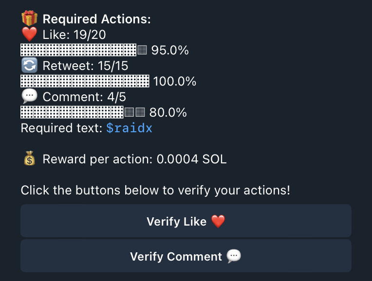 The difference between a tweet that gets ignored and one that moves markets?

Engagement.

Raidx lets you guarantee engagement.

Real users, real accounts, real reach.

You don’t have to hope someone shares your post. You can now make sure they do.