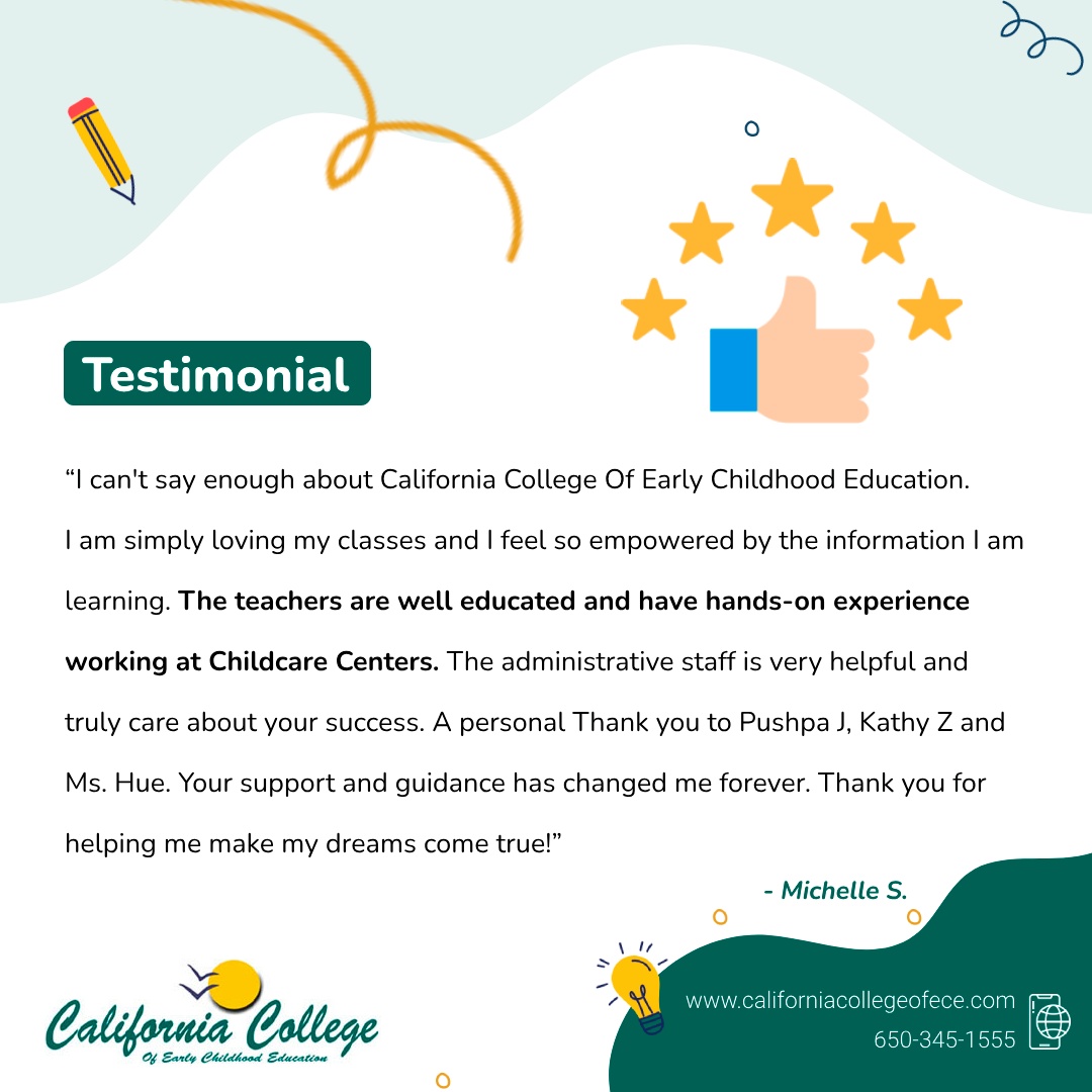 CalEarlyEdu's tweet photo. Love my classes at California College Of Early Childhood Education! Amazing teachers &amp; staff. Huge thanks to Pushpa J, Kathy Z &amp; Ms. Hue!  - Michelle S.

#Childhood #Study #EarlyLearning #Art #Project #StudyStudy #EducationSystem #SantaClara #StateLicensedTeacherTraining https://t.co/Z5fFhcQTXw