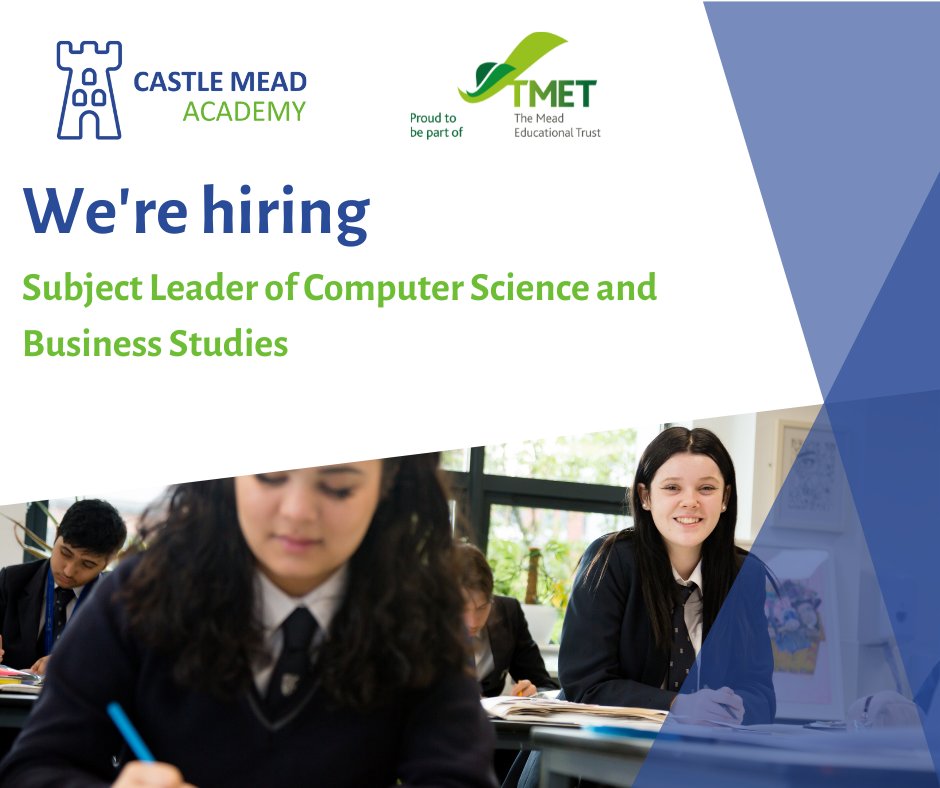 ** VACANCY **

Castle Mead Academy are currently recruiting for a Subject leader in Computer Science and Business Studies.

If you're a inspiring teacher and would like to work in an Outstanding school, have a look at the job spec here:

eteach.com/job/subject-le…