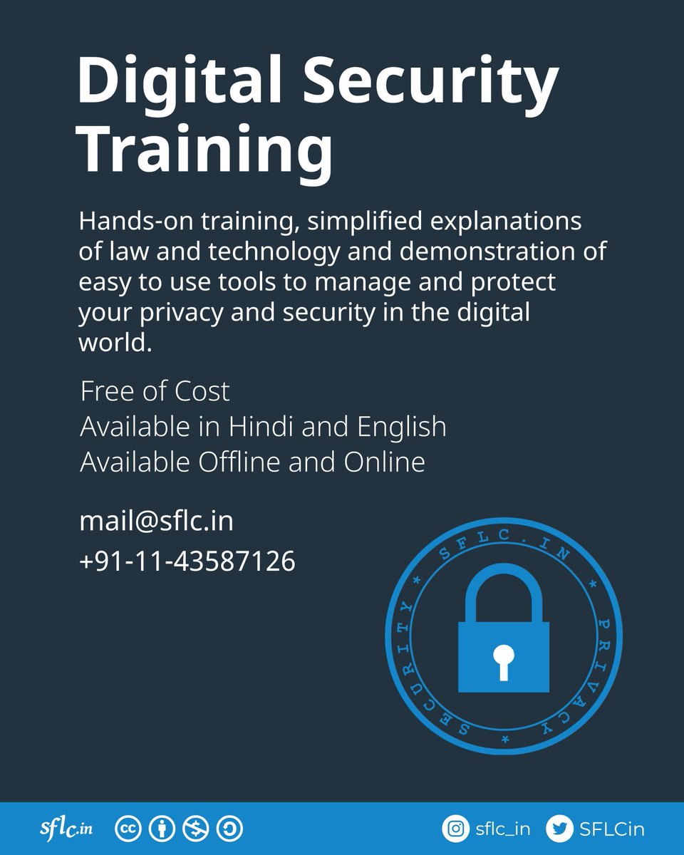 SFLCin's tweet image. Protect yourself from digital threats and harm!

Team SFLC.in conducts #DigitalSecurityTraining (DST) sessions that include hands-on training, simplified explanations of law and #technology, and demonstrations of easy-to-use tools to manage and protect your…