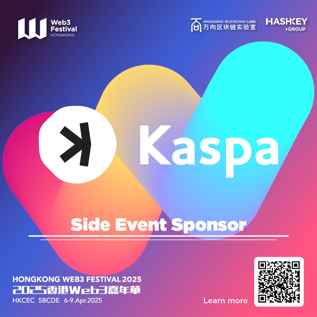 We're proud to announce <a href="/Kaspa_KEF/">Kaspa Eco Foundation (KEF)</a> as a Side-event Sponsor of the upcoming Hong Kong Web3 Festival 2025.

Kaspa utilizes the GHOSTDAG protocol, a generalization of Nakamoto Consensus, with the fastest proof-of-work L1 available. Learn more @KaspaCurrency 

To register: