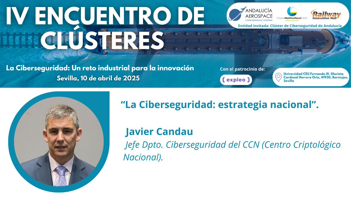 El IV Encuentro de Clústeres en Universidad CEU Fernando III, organizado por Andalucía Aerospace, <a href="/ClusterCadiz/">Clúster MarítimoNaval de Cádiz</a> y <a href="/railwayinnohub/">Railway Innovation Hub</a>, va a contar con un gran elenco de ponentes🔝 que nos hablarán de las tendencias en #ciberseguridad en el transporte avanzado.
⬇️⬇️⬇️