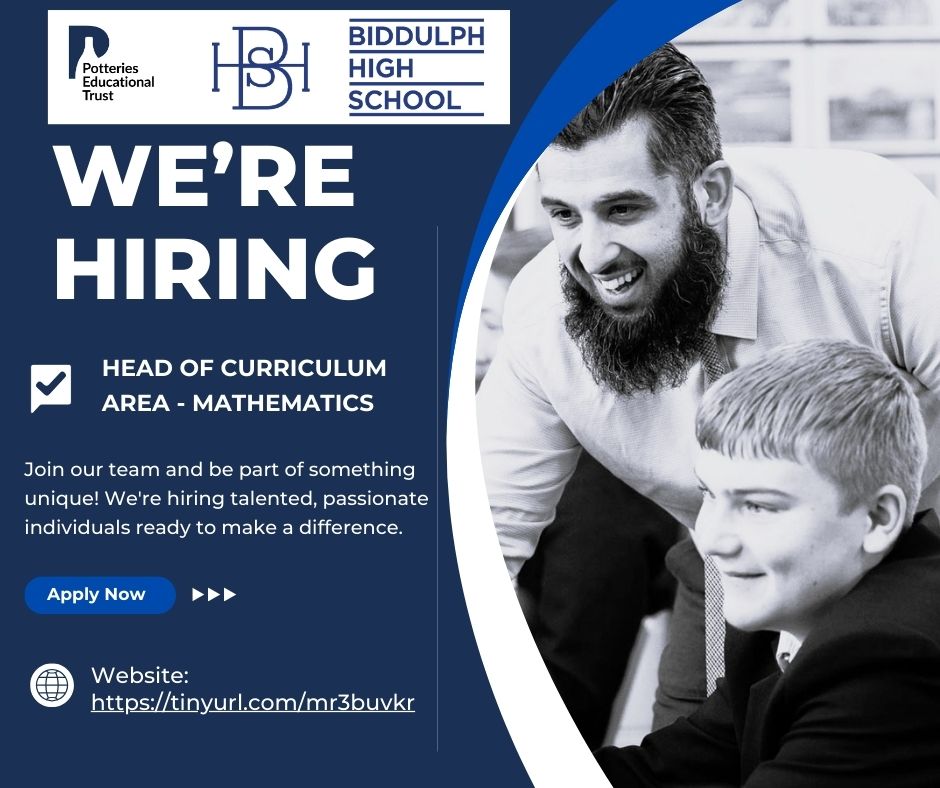 📢 Job Opportunity Alert! 📢

📍Biddulph High School
➡️Head of Curriculum Area: Mathematics. 

If you are passionate about education and have a strong background in mathematics, we want to hear from you!

🗓️ Closing Date: 30 March 2024

…tterieseducationaltrust.face-ed.co.uk/vacancies