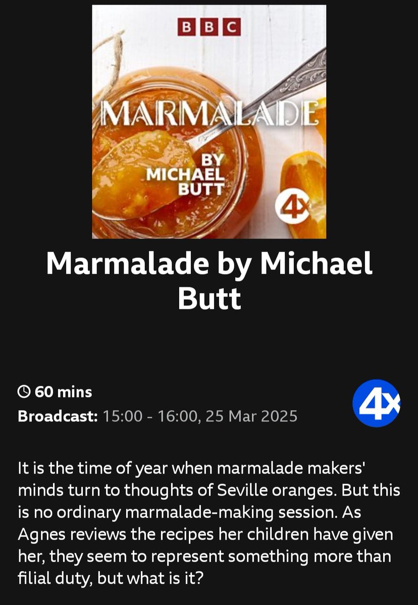 #Marmalade - the radio play!
From 2001. BBC Radio 4 Extra today 3pm &amp; 9pm, and tomorrow 5am; &amp; BBC Sounds after 4pm today.
#jam #preserves #Sevilles