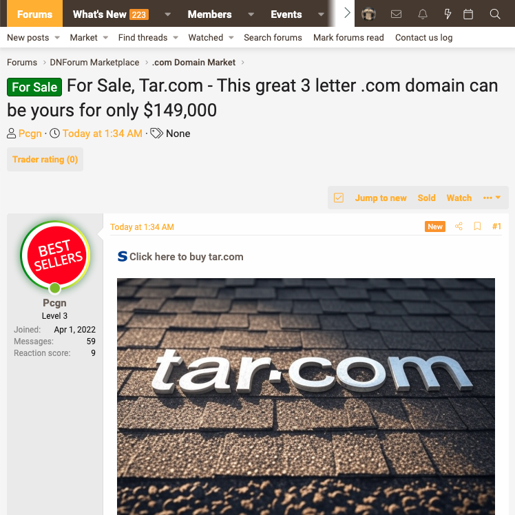 DNForum's tweet image. For Sale, Tar.com - This great 3 letter .com domain can be yours for only $149,000 &amp;gt;&amp;gt; contact the seller at dnforum.com/threads/for-sa…

#domainnames #domainforsale #LLL