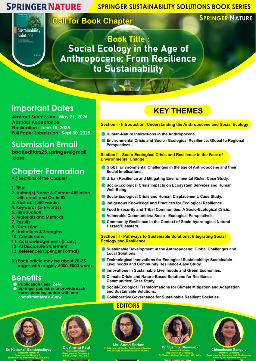 soma sarkar (@tso_mah) on Twitter photo 📢 Call for book chapters!
We invite submissions for our upcoming co-edited book titled "Social Ecology in the Age of Anthropocene: From Resilience to Sustainability" with <a href="/SpringerNature/">Springer Nature</a> as a part of the Springer Sustainability Solutions Series.
Deadline is May 31, 2025. 📢 Call for book chapters!
We invite submissions for our upcoming co-edited book titled "Social Ecology in the Age of Anthropocene: From Resilience to Sustainability" with <a href="/SpringerNature/">Springer Nature</a> as a part of the Springer Sustainability Solutions Series.
Deadline is May 31, 2025.