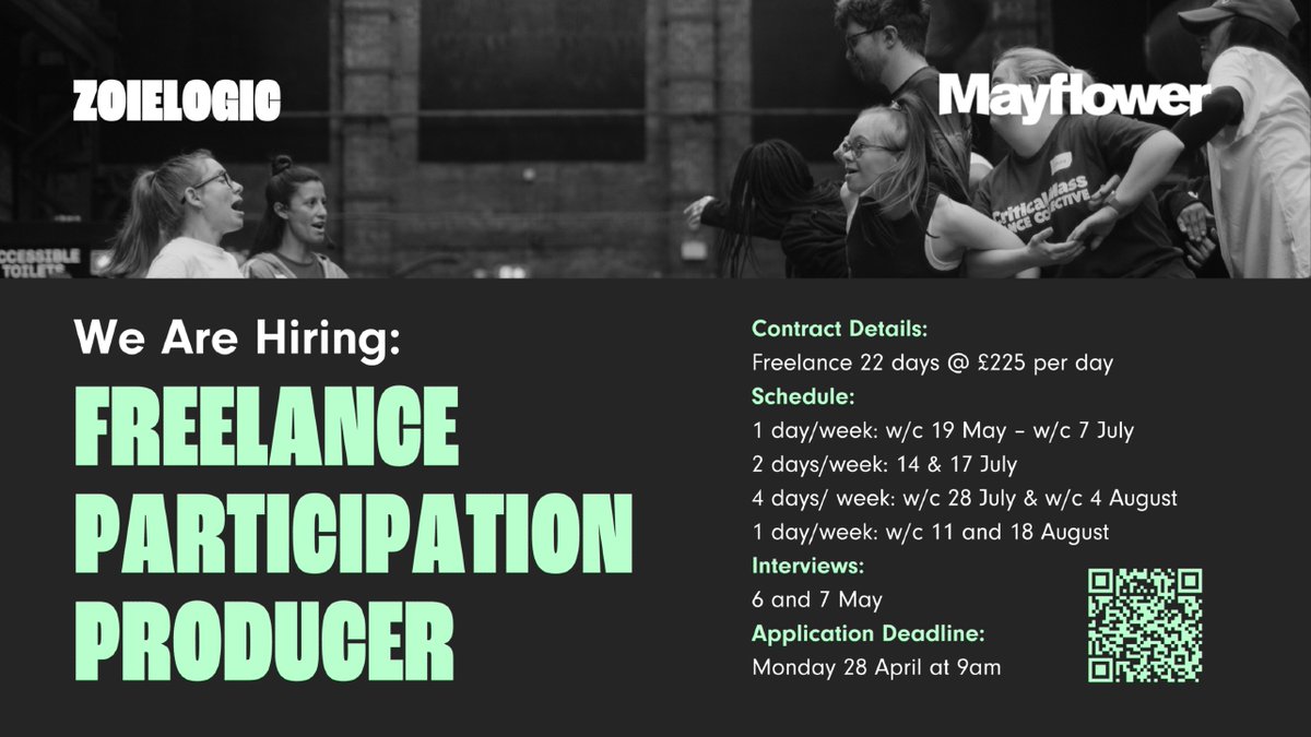 👉We’re Hiring!
ZoieLogic Dance Theatre is looking for a passionate Participation Producer to support an exciting new community commission with @Mayflower!

📄This freelance role (22 days @ £225/day) is perfect for someone with experience in participatory &amp; mass movement work,