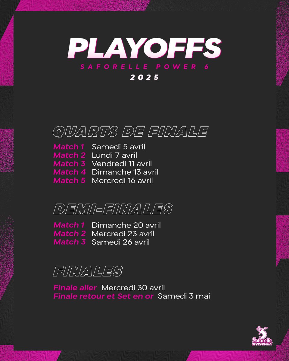 <a href="/lesmariannes75/">Les Mariannes 92 - Levallois Paris Saint-Cloud 🏐</a> <a href="/BurdisLes/">Les Burdis - Bordeaux Mérignac volley</a> <a href="/VOLEROLECANNET/">Volero Le Cannet</a> <a href="/VNVBofficiel/">Vandoeuvre Nancy Volley-Ball (officiel)</a> <a href="/neptunesnantes/">Neptunes de Nantes</a> <a href="/Pavvb/">Pays Aix Venelles VB</a> <a href="/VolleyMulhouse/">Volley Mulhouse Alsace</a> <a href="/BeziersAngels/">Béziers Angels</a> 🚨 Playoffs #SP6 : mode d’emploi

⏰ Début des hostilités : 5️⃣ avril !
Le suspense monte d'un cran ! 🏐💫

<a href="/lesmariannes75/">Les Mariannes 92 - Levallois Paris Saint-Cloud 🏐</a> <a href="/BurdisLes/">Les Burdis - Bordeaux Mérignac volley</a> <a href="/neptunesnantes/">Neptunes de Nantes</a> <a href="/VolleyMulhouse/">Volley Mulhouse Alsace</a> <a href="/VOLEROLECANNET/">Volero Le Cannet</a> <a href="/VNVBofficiel/">Vandoeuvre Nancy Volley-Ball (officiel)</a> <a href="/Pavvb/">Pays Aix Venelles VB</a> <a href="/BeziersAngels/">Béziers Angels</a>
#SaforellePower6 #playoffs