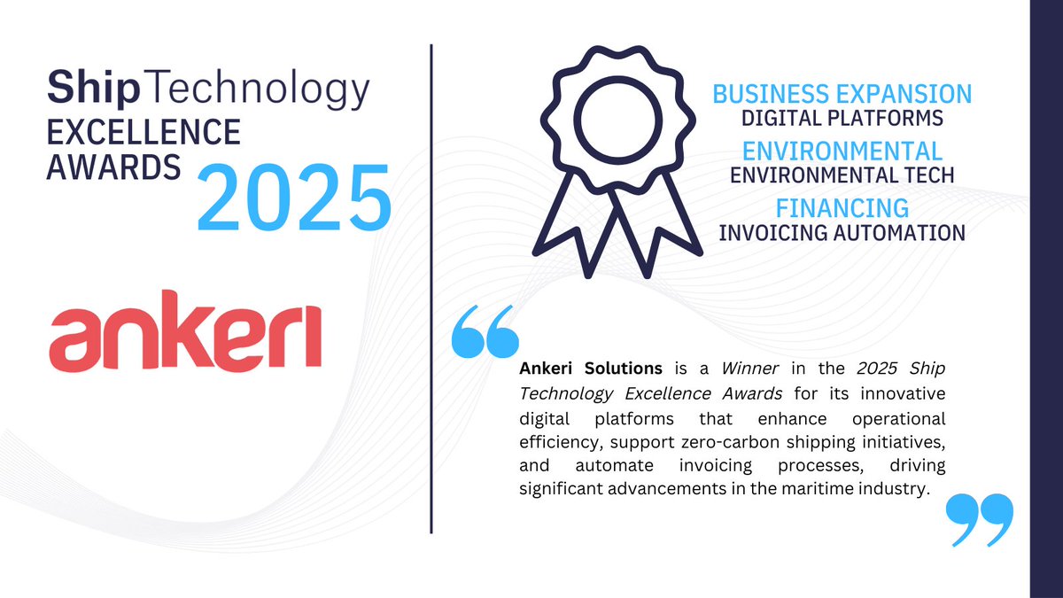 Ankeri Solutions has been awarded for its commitment to advancing digitalization, operational efficiency, and sustainability in the shipping industry in three key categories at the Ship Technology Excellence Awards 2025.

Find out more - bit.ly/4hJuZve
