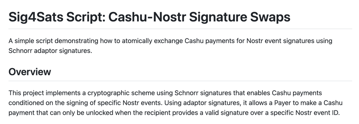 CashuBTC's tweet photo. Sig4Sats: Atomic swap of a Cashu token against a Nostr event signature. 

Pretty smart! https://t.co/33nBizpKXs
