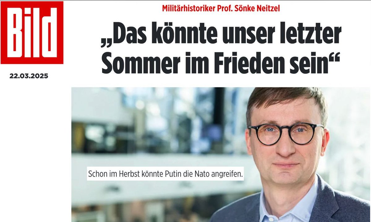 EvaHermanEx_ARD's tweet photo. Weise Worte des Historikers Daniele Ganser:
"In Deutschland wird die Angst geschürt: «Das könnte unser letzter Sommer im Frieden sein», sagte Militärhistoriker Sönke Neitzel am 22. März 2025 der Bild Zeitung, welche diese Panikbotschaft im Volk verteilte. «Schon im Herbst könnte Putin die NATO angreifen», behauptete Neitzel. 

Diese Panikmache halte ich für völlig falsch. Die Angst dient dazu, das Volk zu lenken und die Milliardenausgaben für die Rüstungsindustrie zu rechtfertigen. Aber Angst ist kein guter Ratgeber. Sie spaltet die Menschheitsfamilie in böses Russland und gute NATO. Oder in gute Geimpfte und böse Ungeimpfte. Angst braucht immer ein Feindbild.

Als Ungeimpfter kann ich mich gut daran erinnern: Vor fünf Jahren, im März 2020, wurde die Panik vor Viren geschürt und die Gesellschaft gespalten. Danach wurden Milliarden in die Coronaimpfung investiert. 

Panik wird immer wieder verwendet, um Menschen zu lenken. 2001 wurde mit 9/11 die Angst vor Muslimen geschürt und die NATO führte 20 Jahre Krieg gegen Afghanistan. Der Krieg endete im Chaos. 

Die Sprengung von WTC7 wurde nie aufgeklärt. Fazit: Wir sollten uns nicht blind in die nächste Panik stürzen, sondern uns in Achtsamkeit üben und die letzten 25 Jahre wach aufarbeiten. Alle gehören zur Menschheitsfamilie. Angst und Spaltung bringen uns nicht weiter. 
https://t.co/dnZs44v0PU