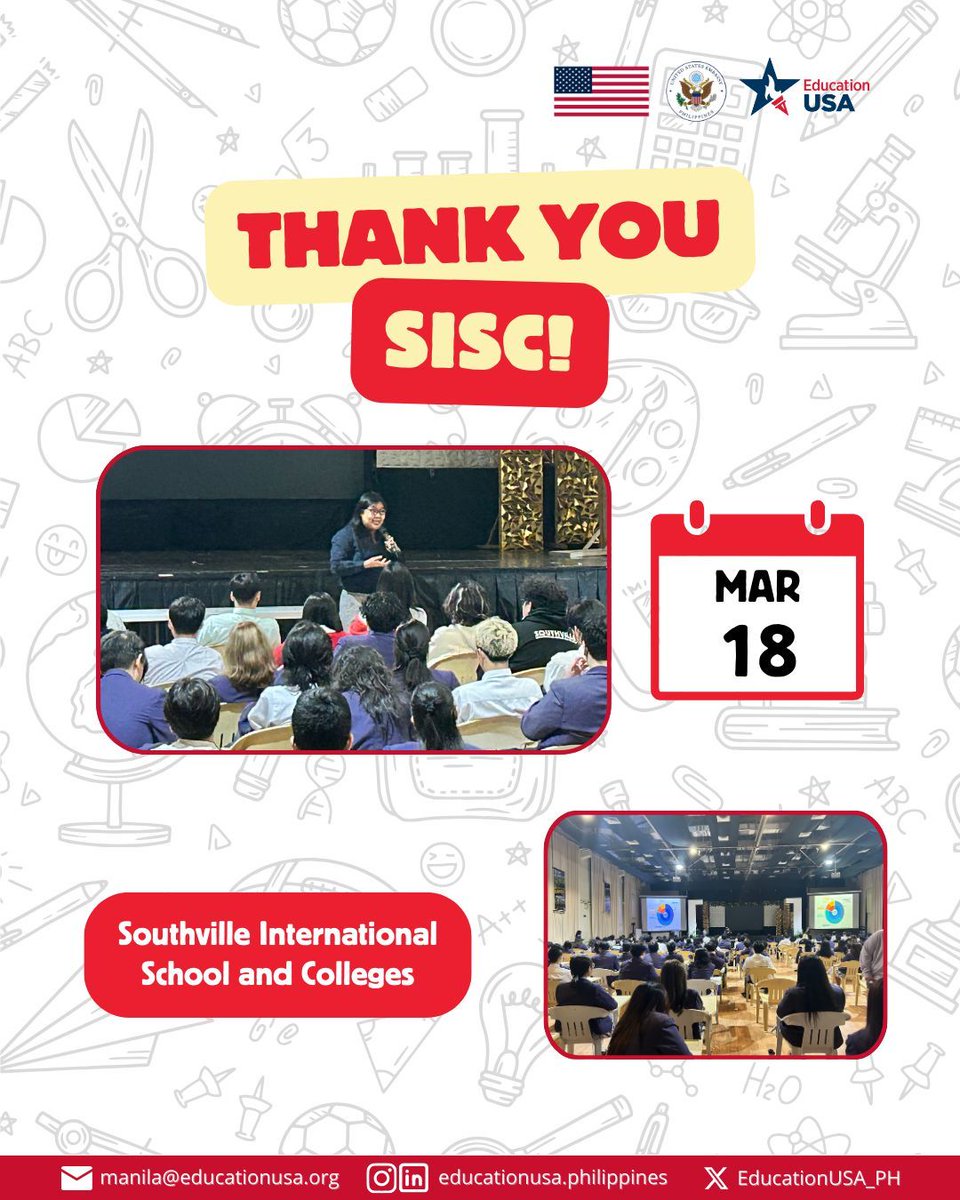 EducationUSA recently gave a discussion on U.S. educational opportunities at Southville International School and Colleges (SISC).  🌟

The talk included a background on U.S. education, application process, and tips on preparing for a #StudyWithUS journey. 🚀

For those interested