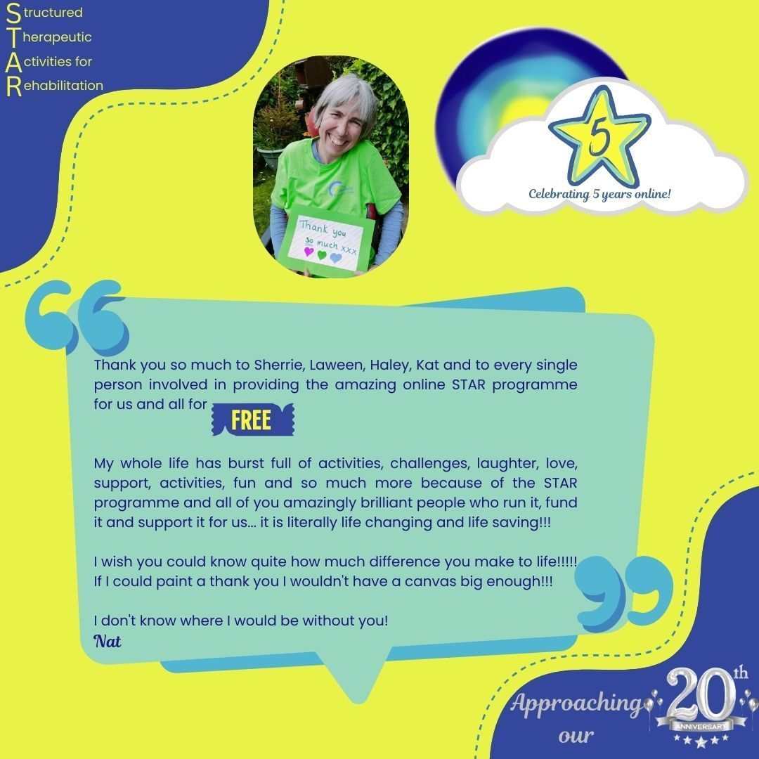 Silverlining proudly marks 5 incredible years of STAR (Structured Therapeutic Activities for Rehabilitation) online!

#BrainInjuryAwarenessMonth #BrainInjuryAwareness #TheSilverLiningBrainInjuryCharity #BrainInjurySupport #Rehabilitation #DigitalInclusion