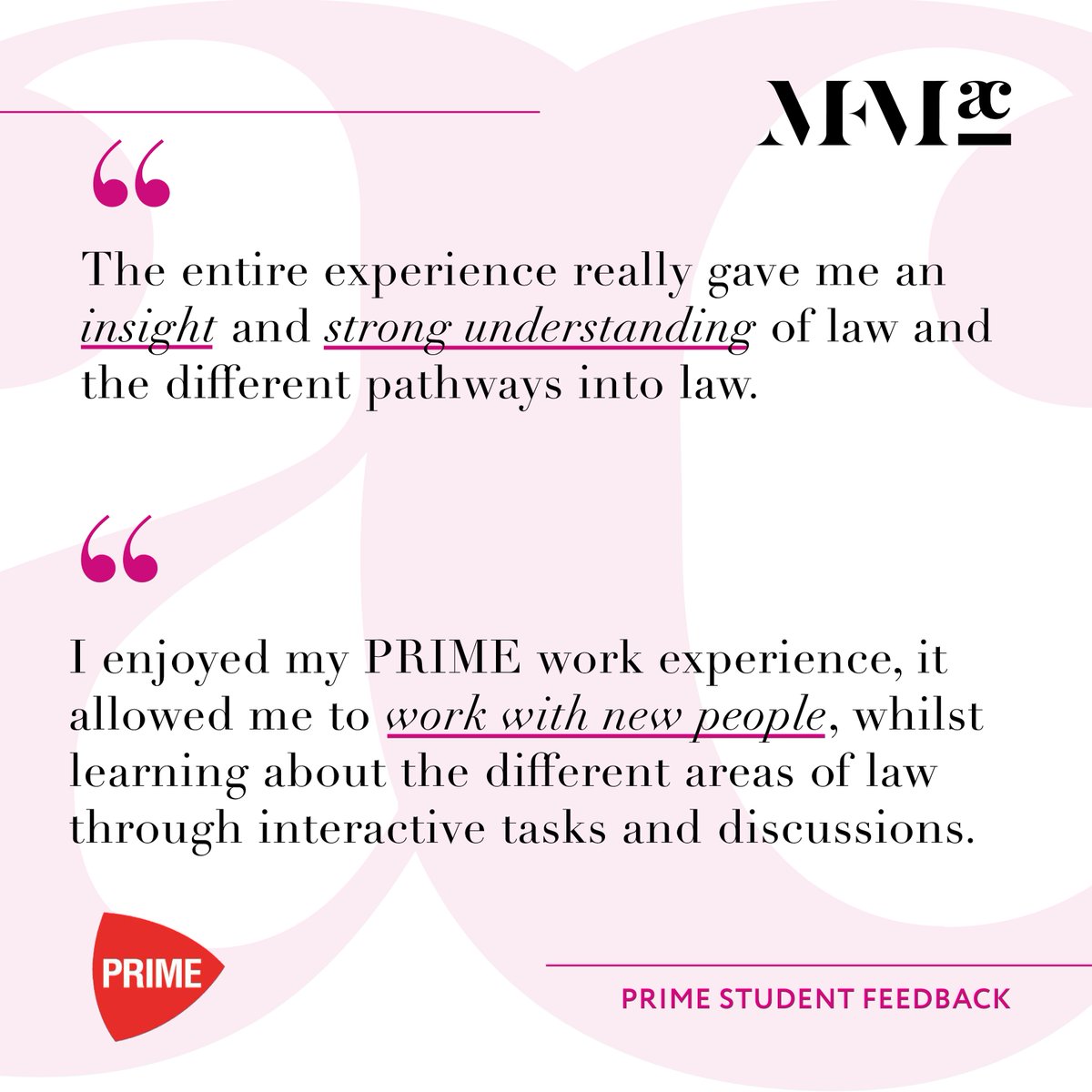 PRIME Work Experience – Applications Still Open. At MFMac, we are committed to ensuring a career in law is accessible to everyone. As a proud member of PRIME, we continue to support greater socio-economic diversity within the legal profession.

Apply here: ow.ly/Jyeh50VnVoI