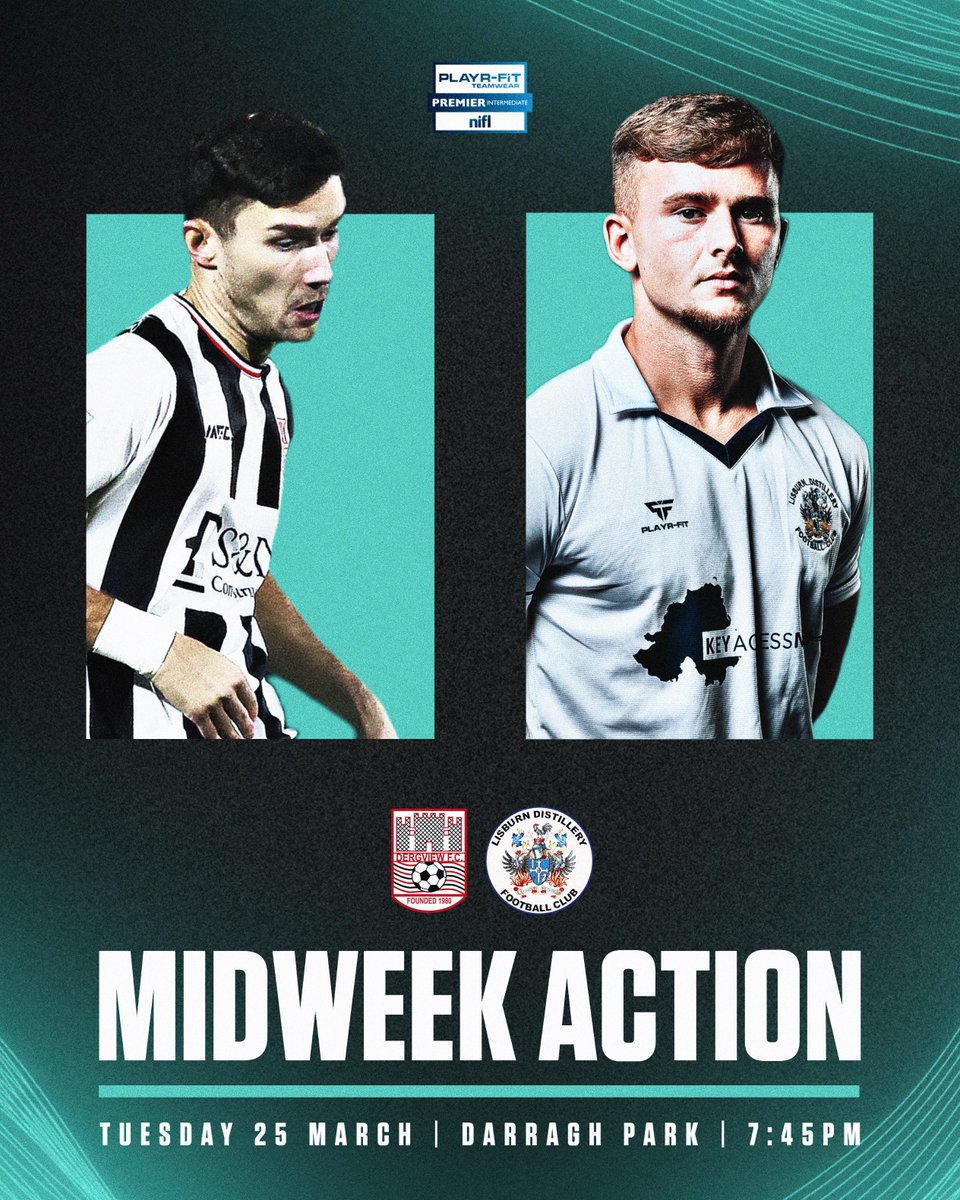🏟️ MIDWEEK ACTION 🏟️

<a href="/DergviewFC/">Dergview F.C</a> vs <a href="/distilleryworld/">Lisburn Distillery</a> 

#PlayrFitPIL